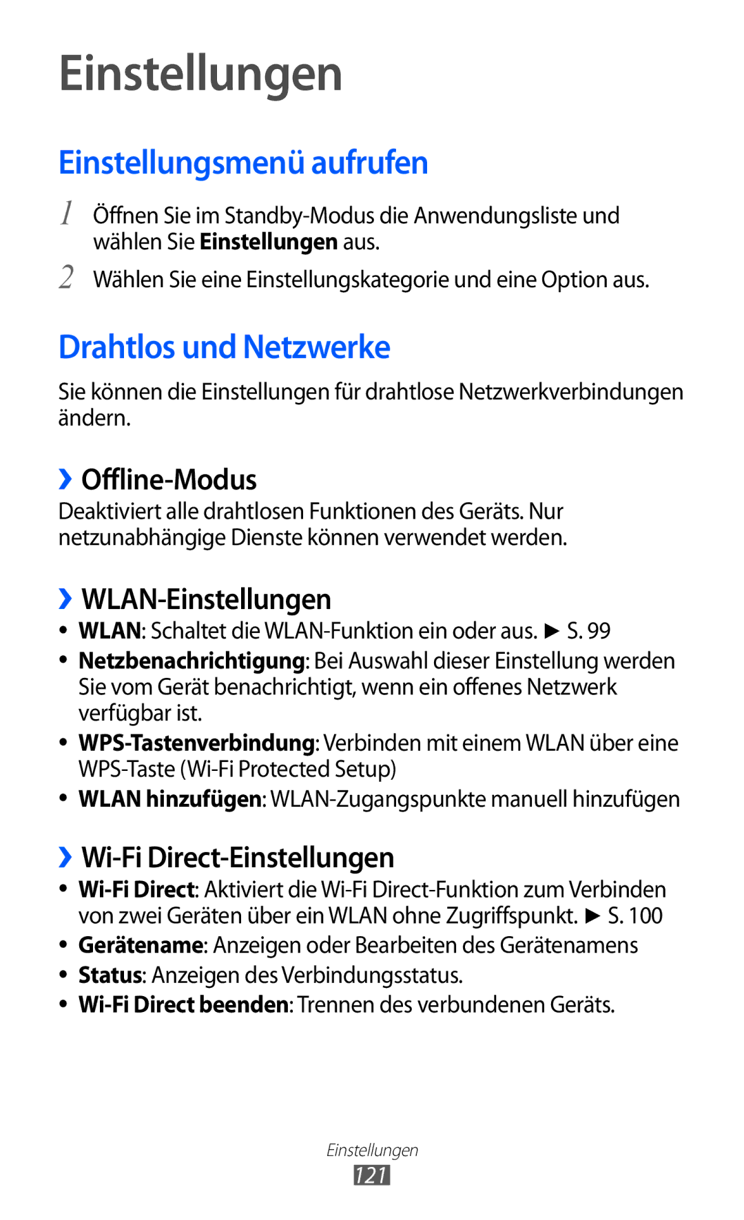 Samsung GT-S6500XKAVD2 manual Einstellungsmenü aufrufen, Drahtlos und Netzwerke, ››Offline-Modus, ››WLAN-Einstellungen 