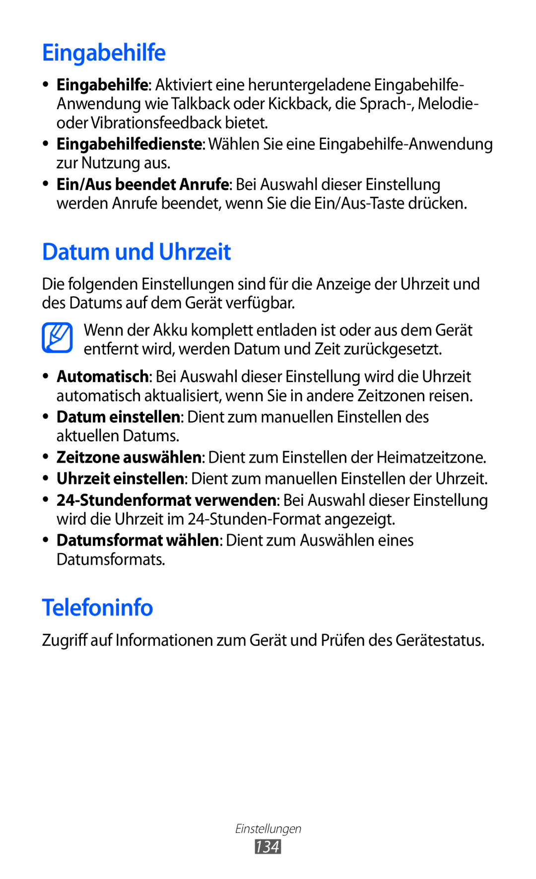 Samsung GT-S6500XKAEPL, GT-S6500RWDTUR, GT-S6500HADDBT, GT-S6500RWAVGR Eingabehilfe, Datum und Uhrzeit, Telefoninfo, 134 