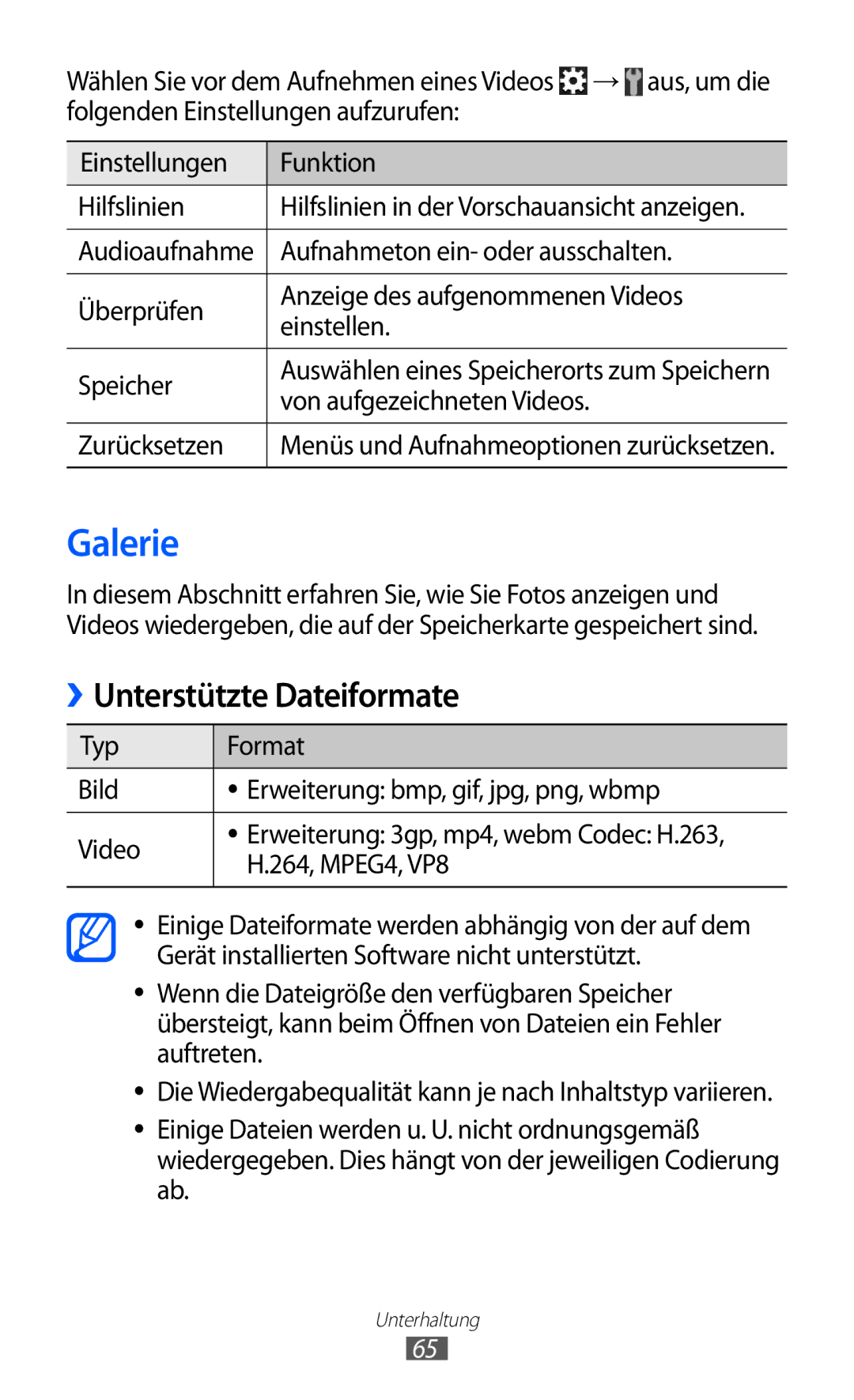 Samsung GT-S6500XKAEPL, GT-S6500RWDTUR, GT-S6500HADDBT, GT-S6500RWAVGR, GT-S6500ZYDTMN Galerie, Unterstützte Dateiformate 