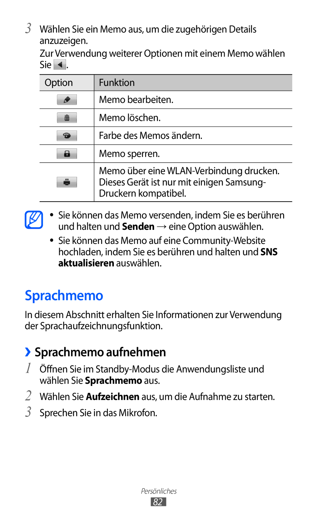 Samsung GT-S6500ZYDMEO manual ››Sprachmemo aufnehmen, Dieses Gerät ist nur mit einigen Samsung, Druckern kompatibel 