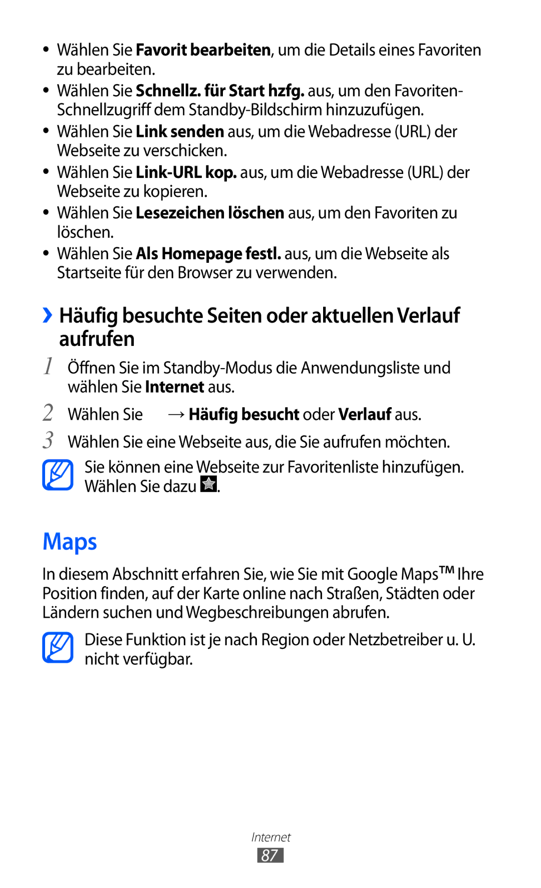 Samsung GT-S6500RWAWIN manual Maps, ››Häufig besuchte Seiten oder aktuellen Verlauf aufrufen, Wählen Sie Internet aus 