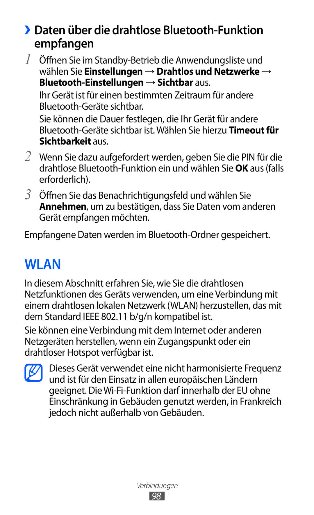 Samsung GT-S6500XKAVD2, GT-S6500RWDTUR, GT-S6500HADDBT manual Wlan, ››Daten über die drahtlose Bluetooth-Funktion empfangen 