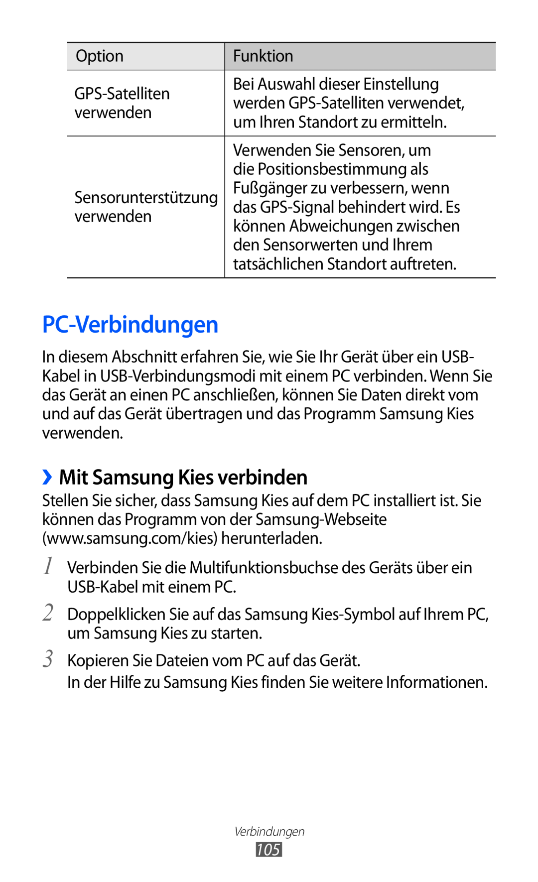 Samsung GT-S6500ZYDMEO, GT-S6500RWDTUR, GT-S6500HADDBT, GT-S6500RWAVGR manual PC-Verbindungen, ››Mit Samsung Kies verbinden 