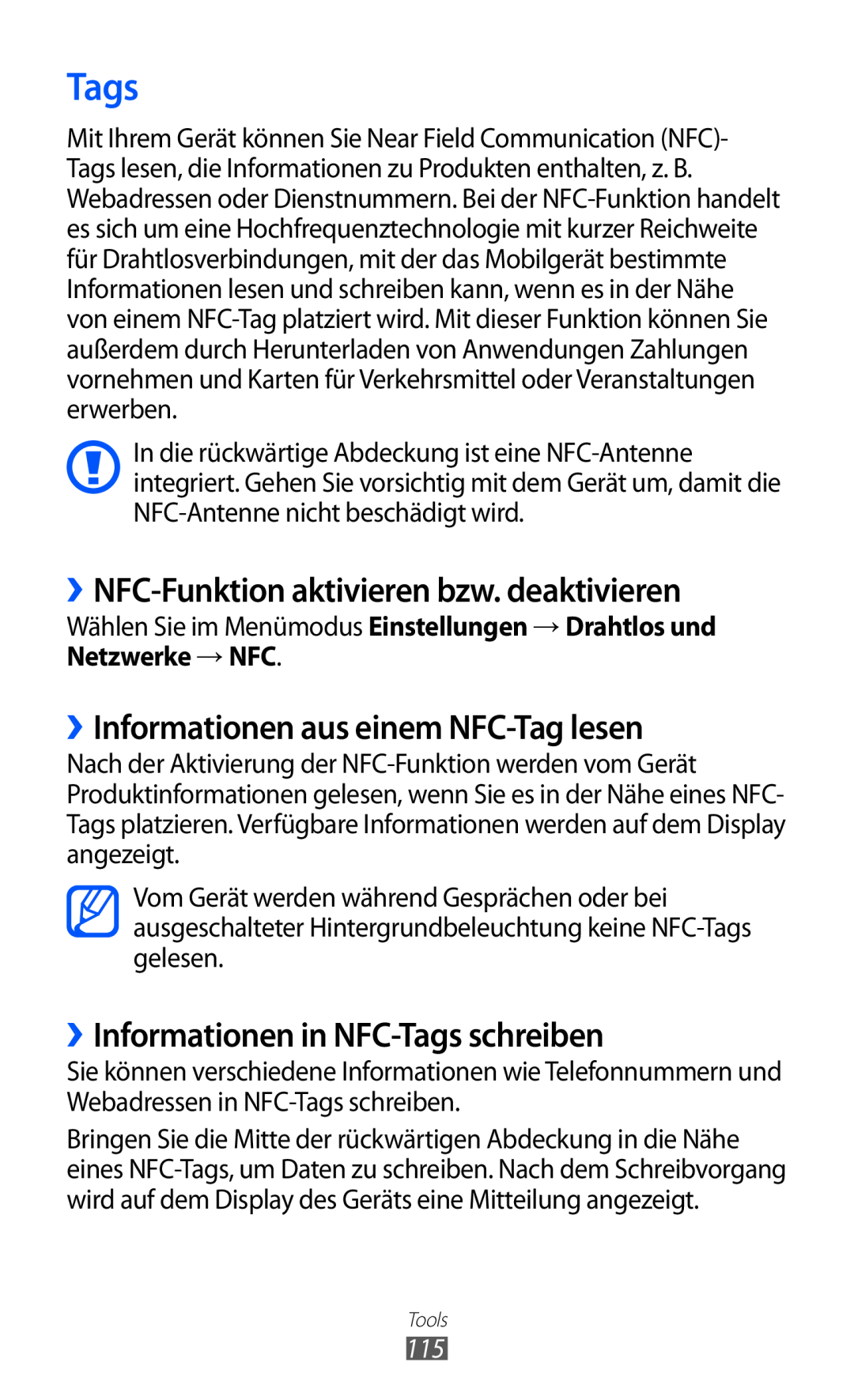 Samsung GT-S6500HADDBT manual Tags, ››NFC-Funktion aktivieren bzw. deaktivieren, ››Informationen aus einem NFC-Tag lesen 