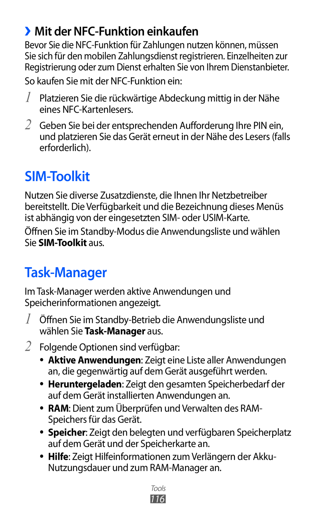 Samsung GT-S6500RWAVGR, GT-S6500RWDTUR, GT-S6500HADDBT manual SIM-Toolkit, Task-Manager, ››Mit der NFC-Funktion einkaufen 