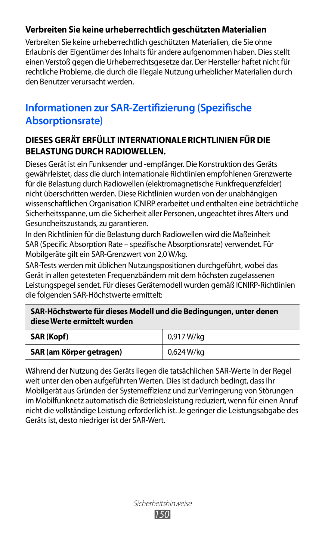 Samsung GT-S6500ZYDTCL Informationen zur SAR-Zertifizierung Spezifische Absorptionsrate, SAR Kopf, 0,917 W/kg, 0,624 W/kg 