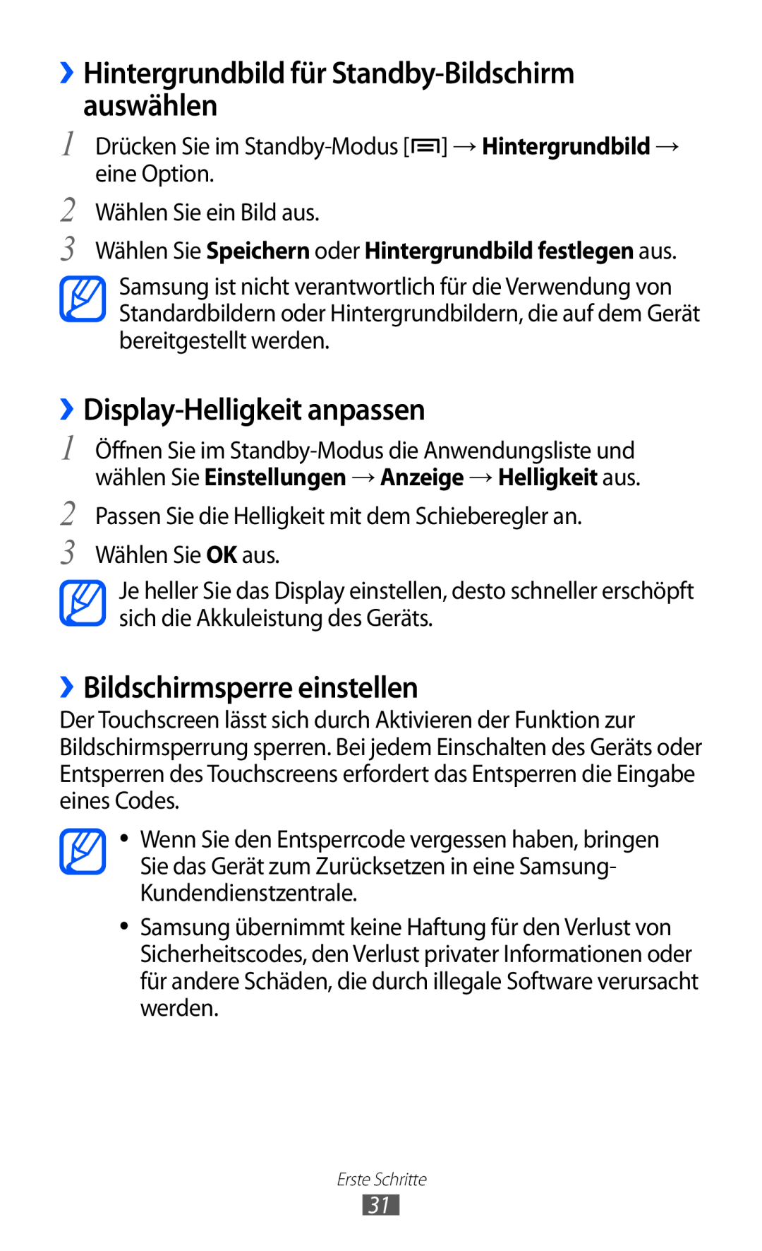 Samsung GT-S6500ZYDDBT, GT-S6500RWDTUR ››Hintergrundbild für Standby-Bildschirm auswählen, ››Display-Helligkeit anpassen 