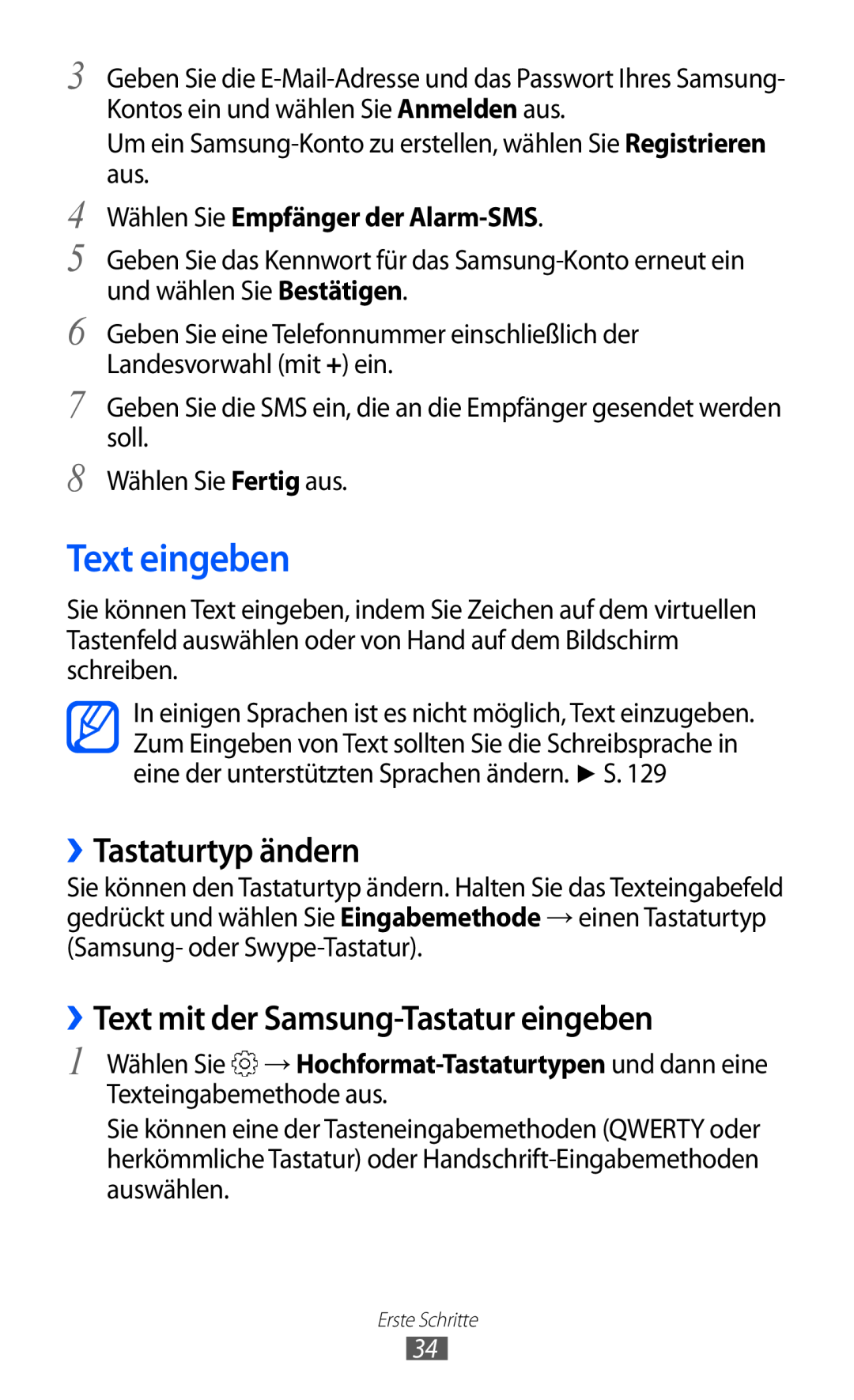 Samsung GT-S6500XKADBT, GT-S6500RWDTUR manual Text eingeben, ››Tastaturtyp ändern, ››Text mit der Samsung-Tastatur eingeben 