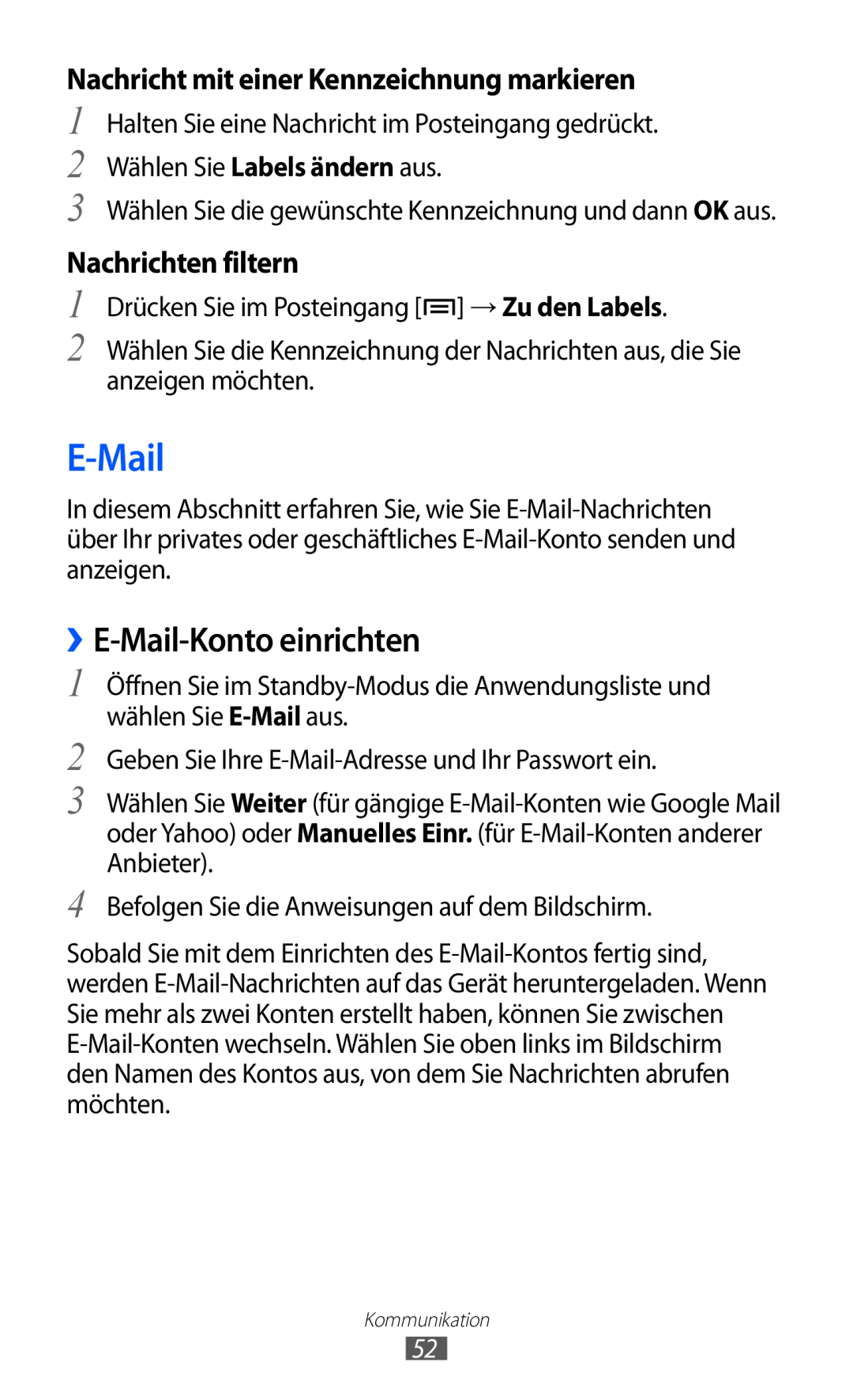 Samsung GT-S6500XKAVD2 ››E-Mail-Konto einrichten, Nachricht mit einer Kennzeichnung markieren, Nachrichten filtern 