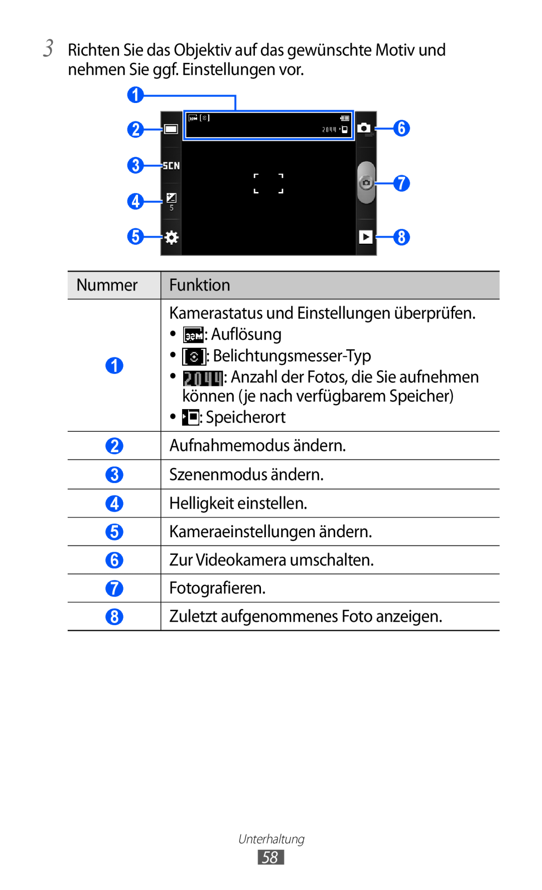 Samsung GT-S6500ZYDTCL, GT-S6500RWDTUR manual Kamerastatus und Einstellungen überprüfen, Anzahl der Fotos, die Sie aufnehmen 