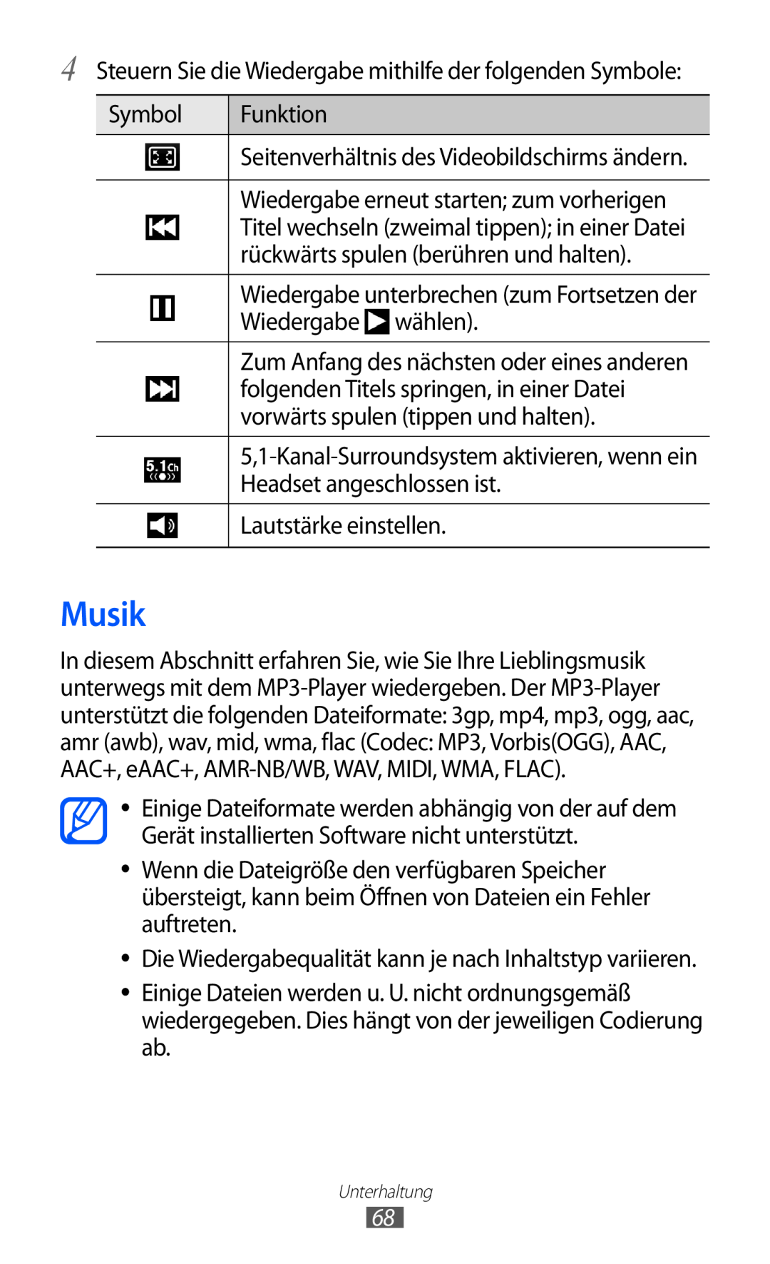 Samsung GT-S6500RWDTUR Musik, Seitenverhältnis des Videobildschirms ändern, Titel wechseln zweimal tippen in einer Datei 