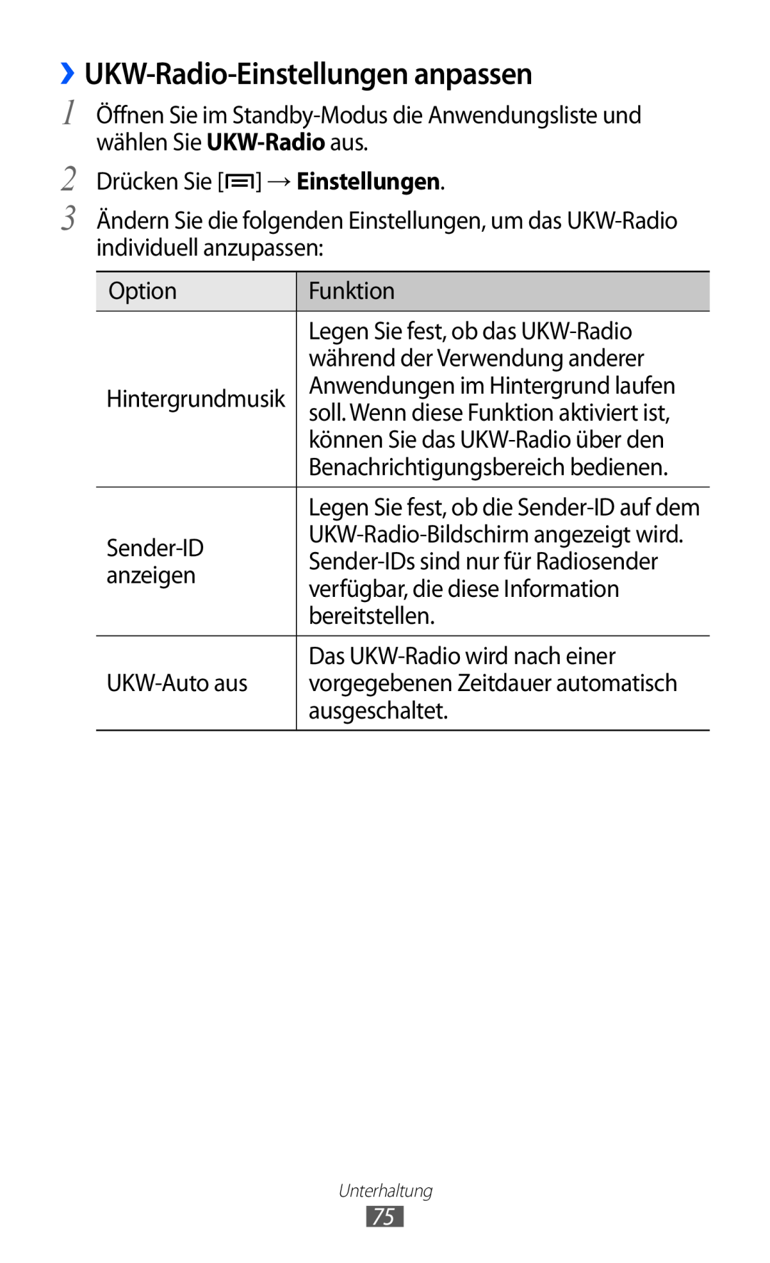 Samsung GT-S6500XKAVD2, GT-S6500RWDTUR manual ››UKW-Radio-Einstellungen anpassen, UKW-Radio-Bildschirm angezeigt wird 