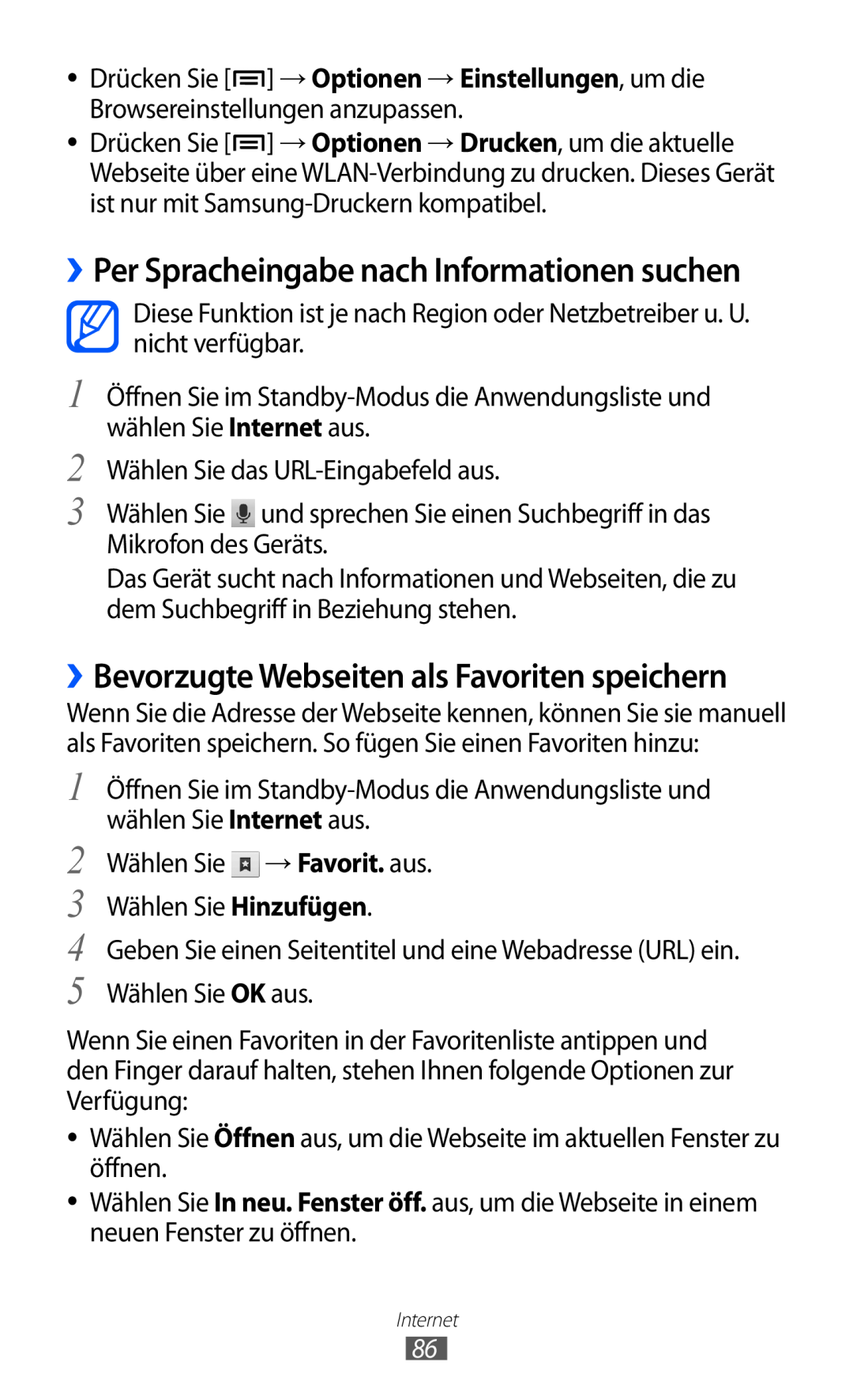 Samsung GT-S6500XKAITV manual ››Per Spracheingabe nach Informationen suchen, ››Bevorzugte Webseiten als Favoriten speichern 