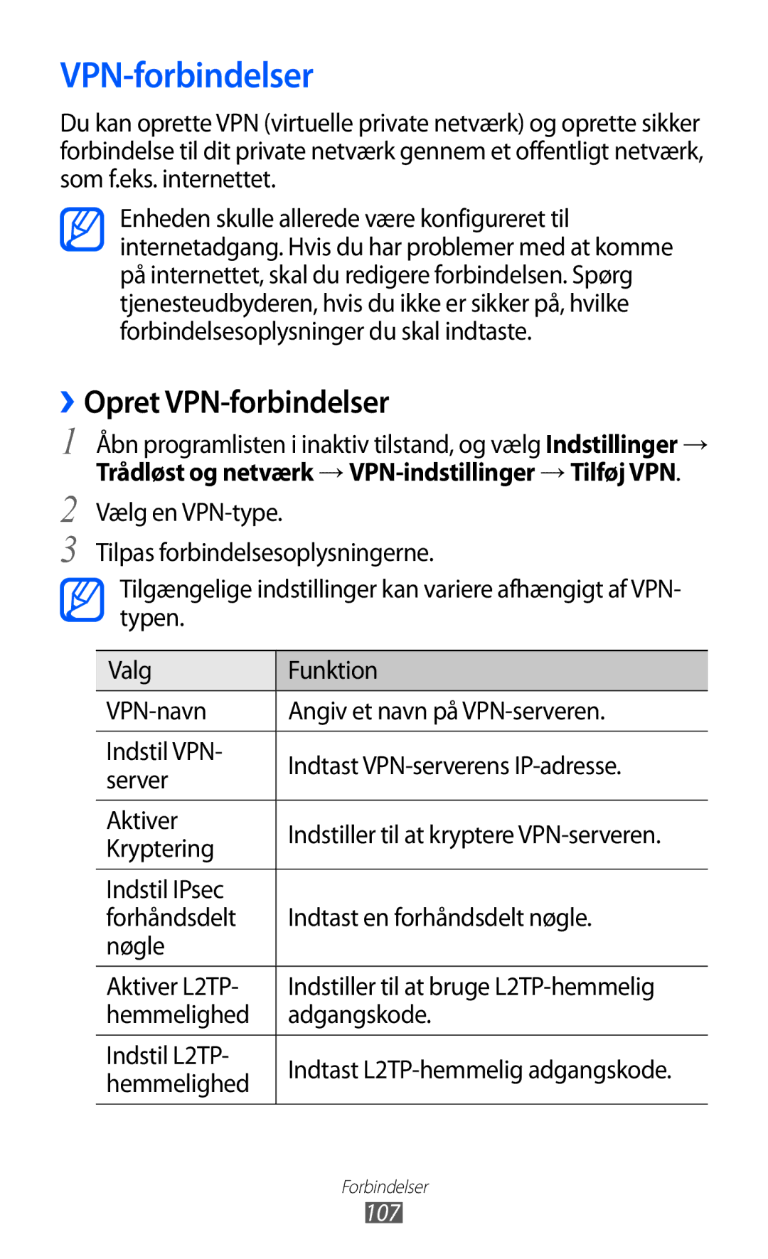 Samsung GT-S6500ZYANEE ››Opret VPN-forbindelser, Trådløst og netværk → VPN-indstillinger → Tilføj VPN, Kryptering, 107 