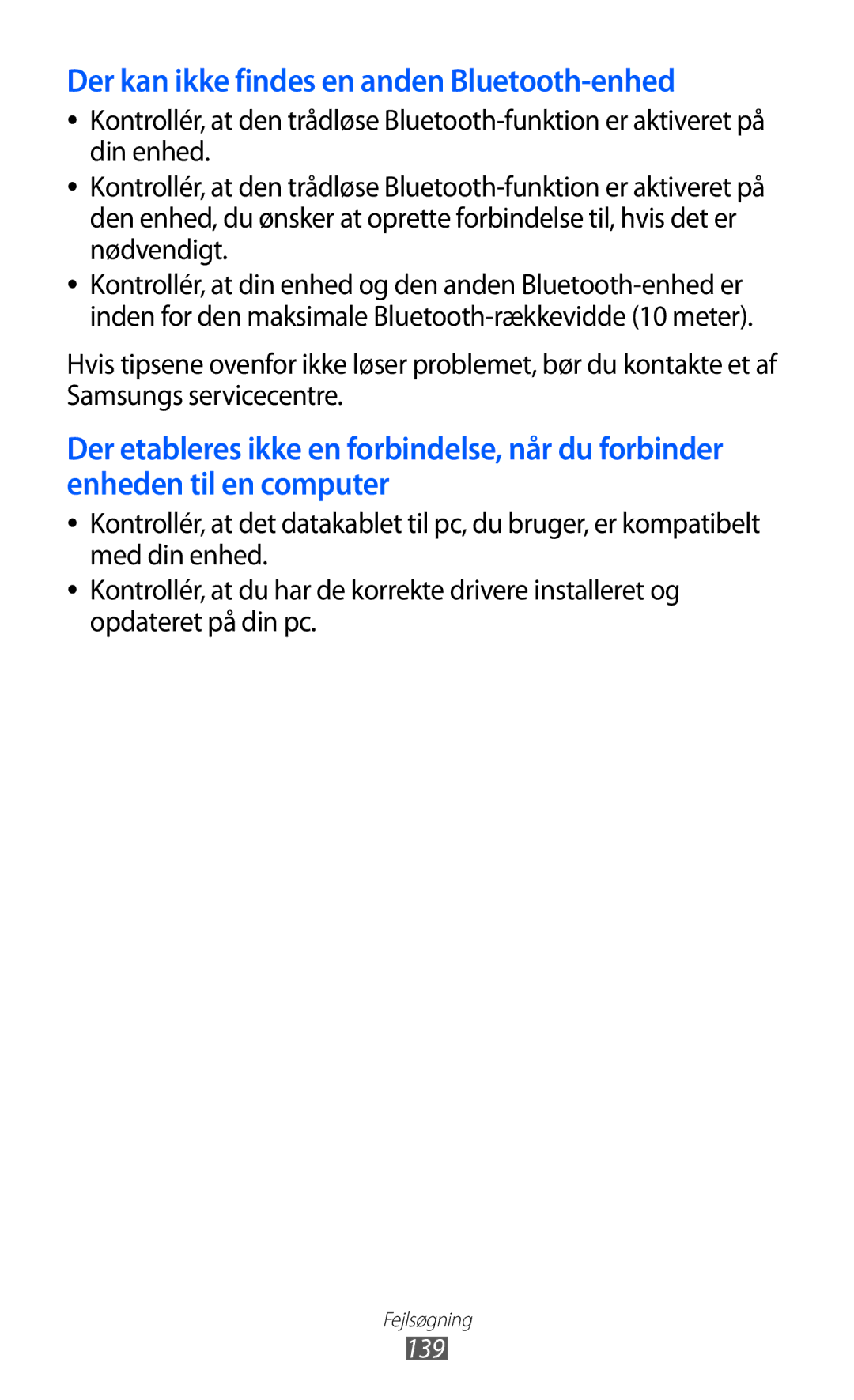 Samsung GT-S6500ZYANEE, GT-S6500XKANEE manual Der kan ikke findes en anden Bluetooth-enhed, 139 