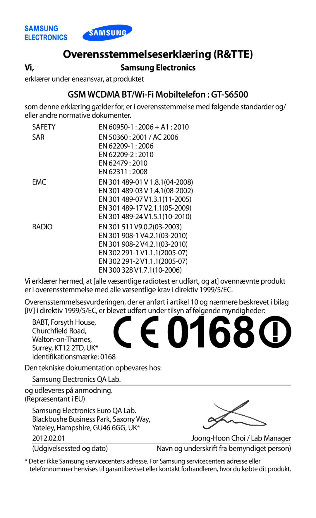 Samsung GT-S6500ZYANEE, GT-S6500XKANEE manual Overensstemmelseserklæring R&TTE 