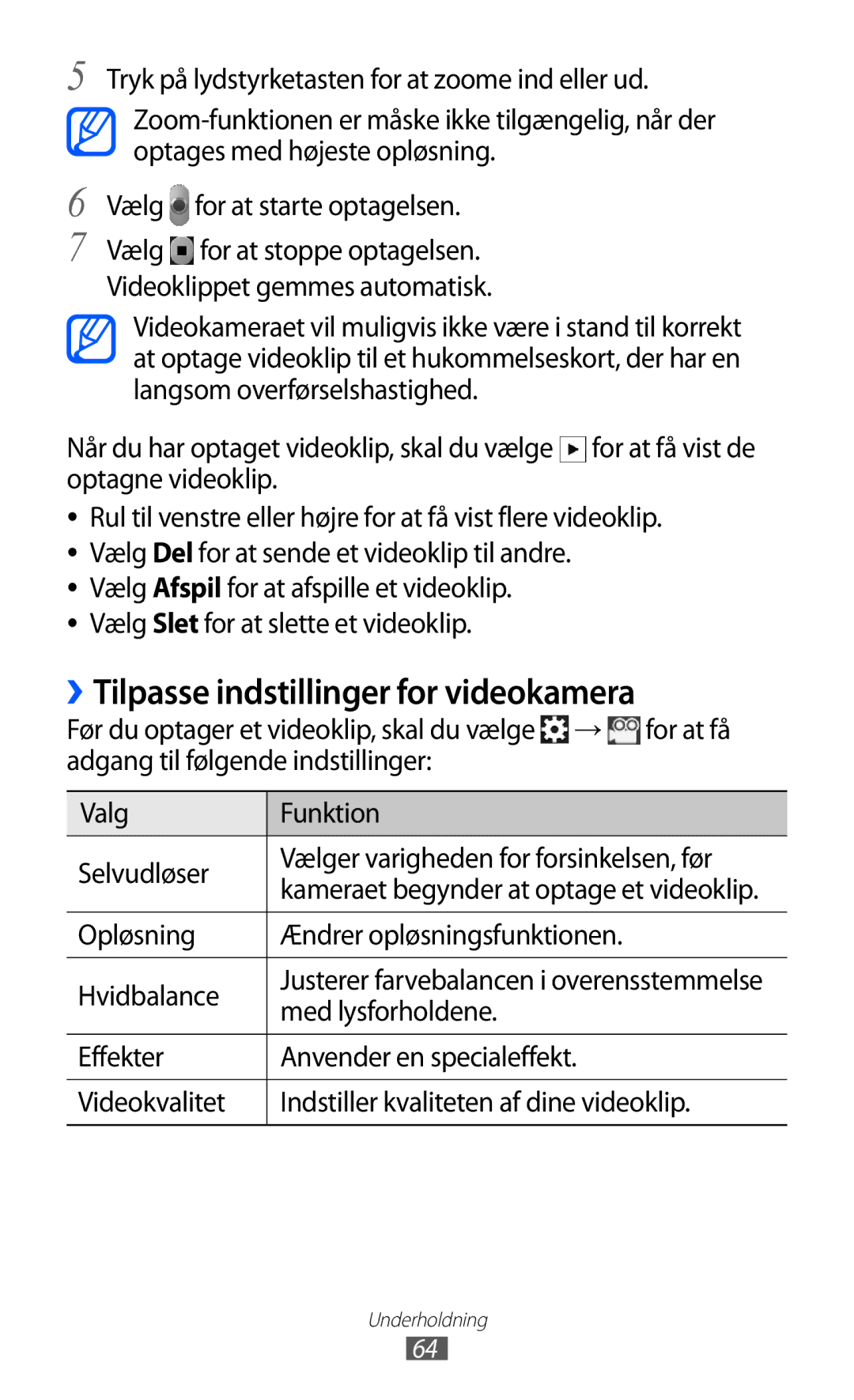 Samsung GT-S6500XKANEE, GT-S6500ZYANEE manual ››Tilpasse indstillinger for videokamera, Vælg 