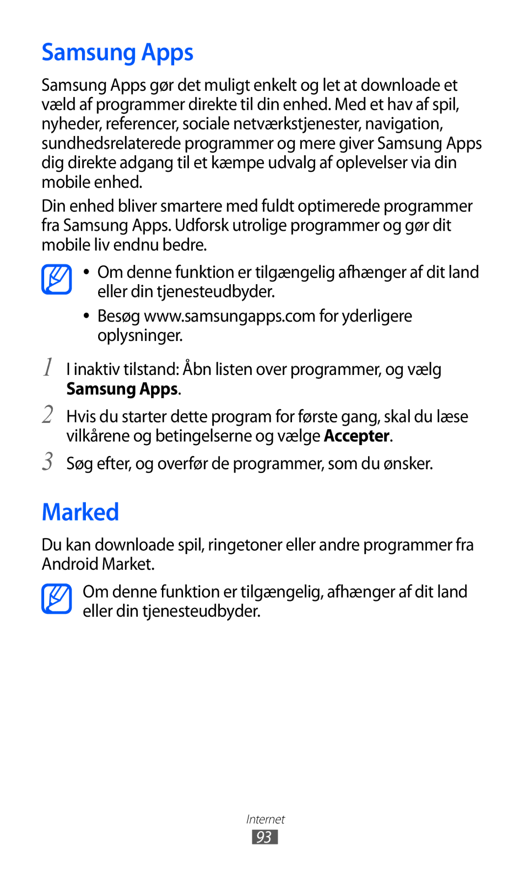 Samsung GT-S6500ZYANEE, GT-S6500XKANEE manual Samsung Apps, Marked, Søg efter, og overfør de programmer, som du ønsker 