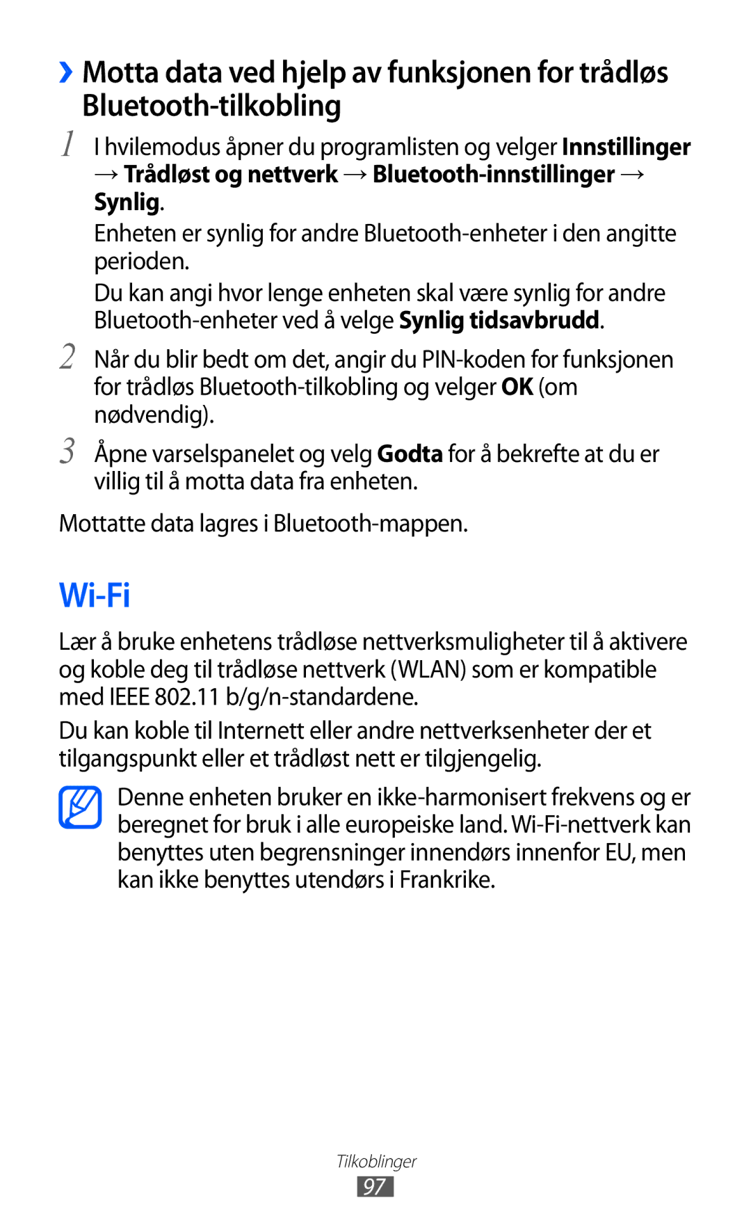 Samsung GT-S6500ZYANEE, GT-S6500XKANEE manual Wi-Fi, → Trådløst og nettverk → Bluetooth-innstillinger → Synlig 