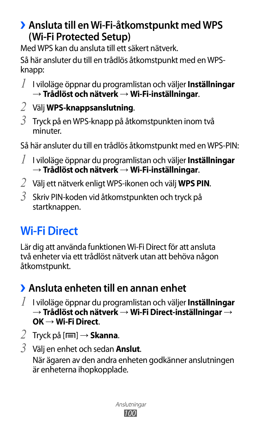 Samsung GT-S6500XKANEE, GT-S6500ZYANEE manual Wi-Fi Direct, ››Ansluta enheten till en annan enhet, 100 