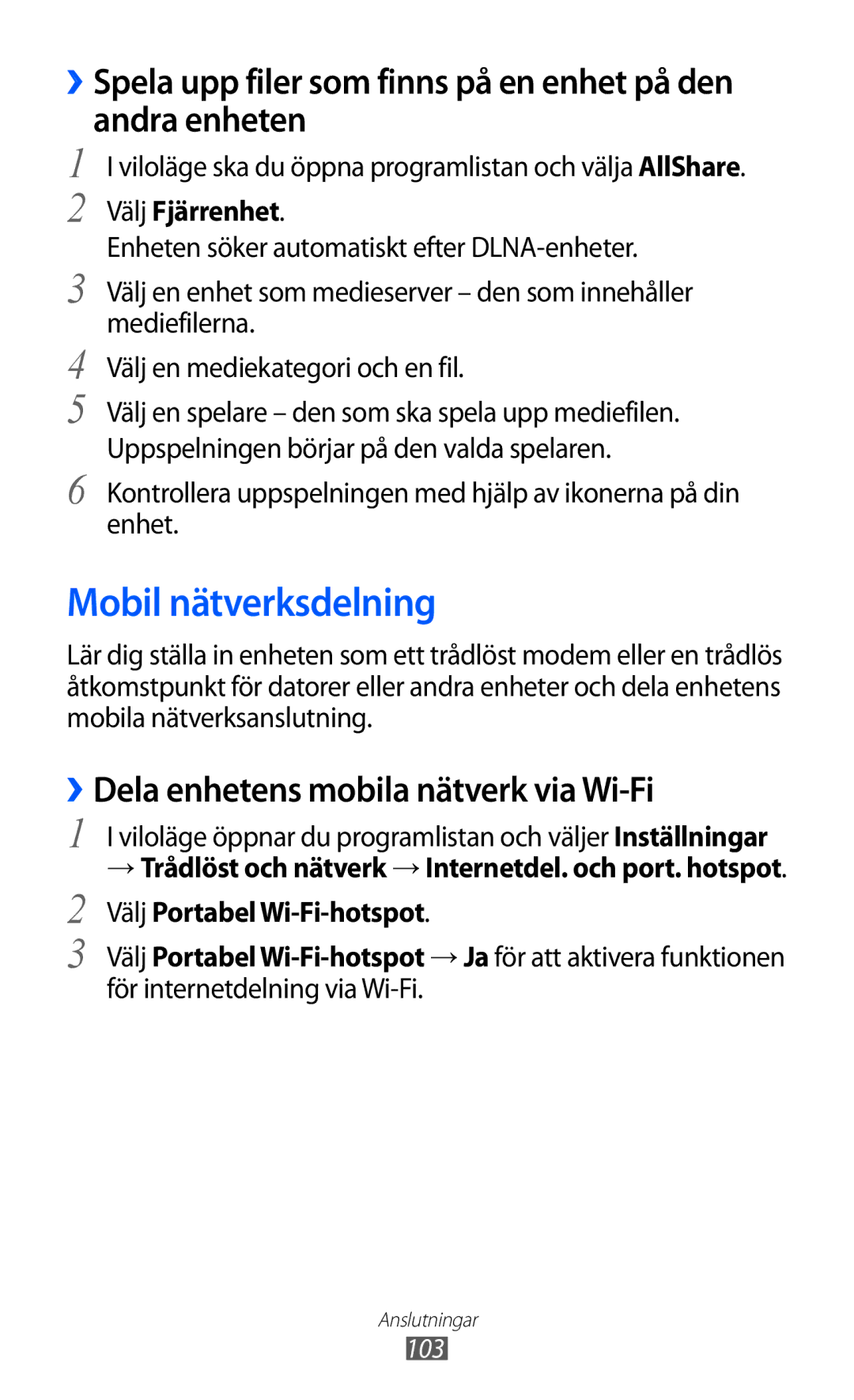 Samsung GT-S6500ZYANEE manual Mobil nätverksdelning, ››Dela enhetens mobila nätverk via Wi-Fi, Välj Fjärrenhet, 103 