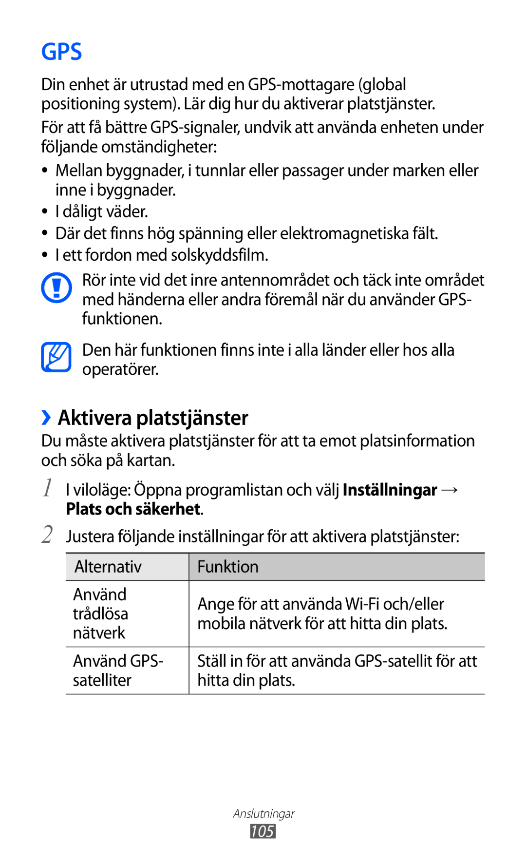 Samsung GT-S6500ZYANEE, GT-S6500XKANEE manual ››Aktivera platstjänster, Plats och säkerhet, Satelliter Hitta din plats, 105 