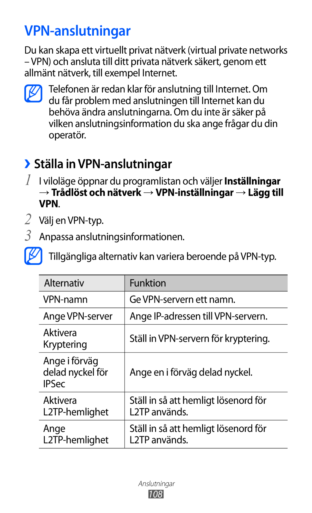 Samsung GT-S6500XKANEE manual ››Ställa in VPN-anslutningar, → Trådlöst och nätverk → VPN-inställningar → Lägg till VPN 