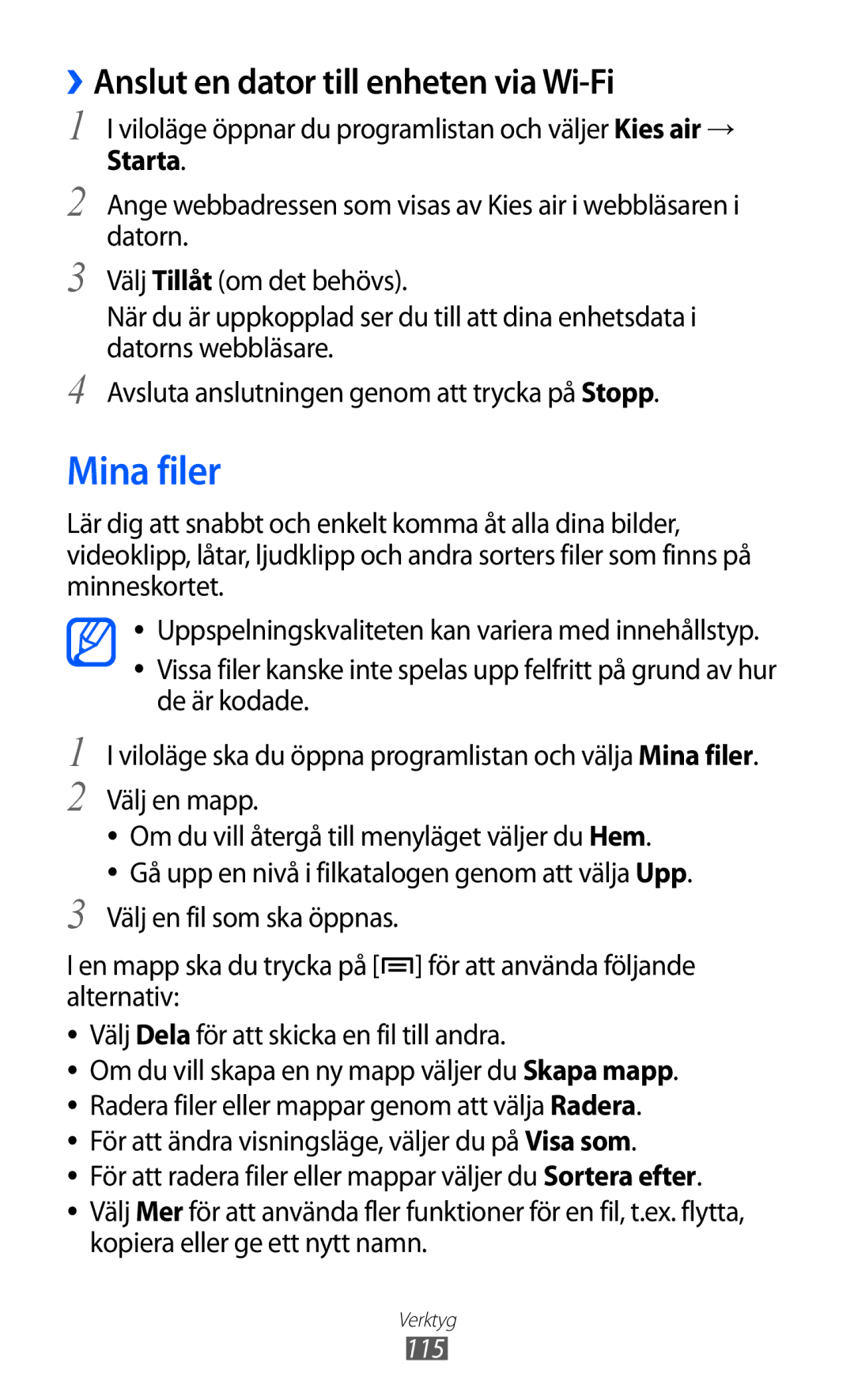 Samsung GT-S6500ZYANEE, GT-S6500XKANEE manual Mina filer, ››Anslut en dator till enheten via Wi-Fi, 115 