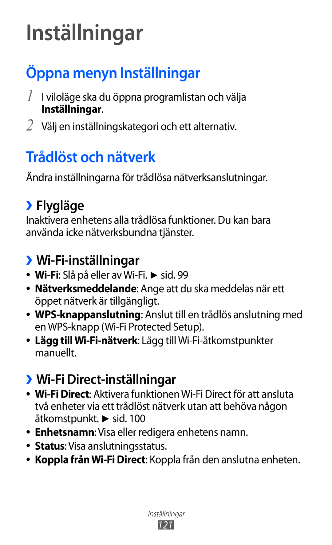 Samsung GT-S6500ZYANEE, GT-S6500XKANEE manual Öppna menyn Inställningar, Trådlöst och nätverk 