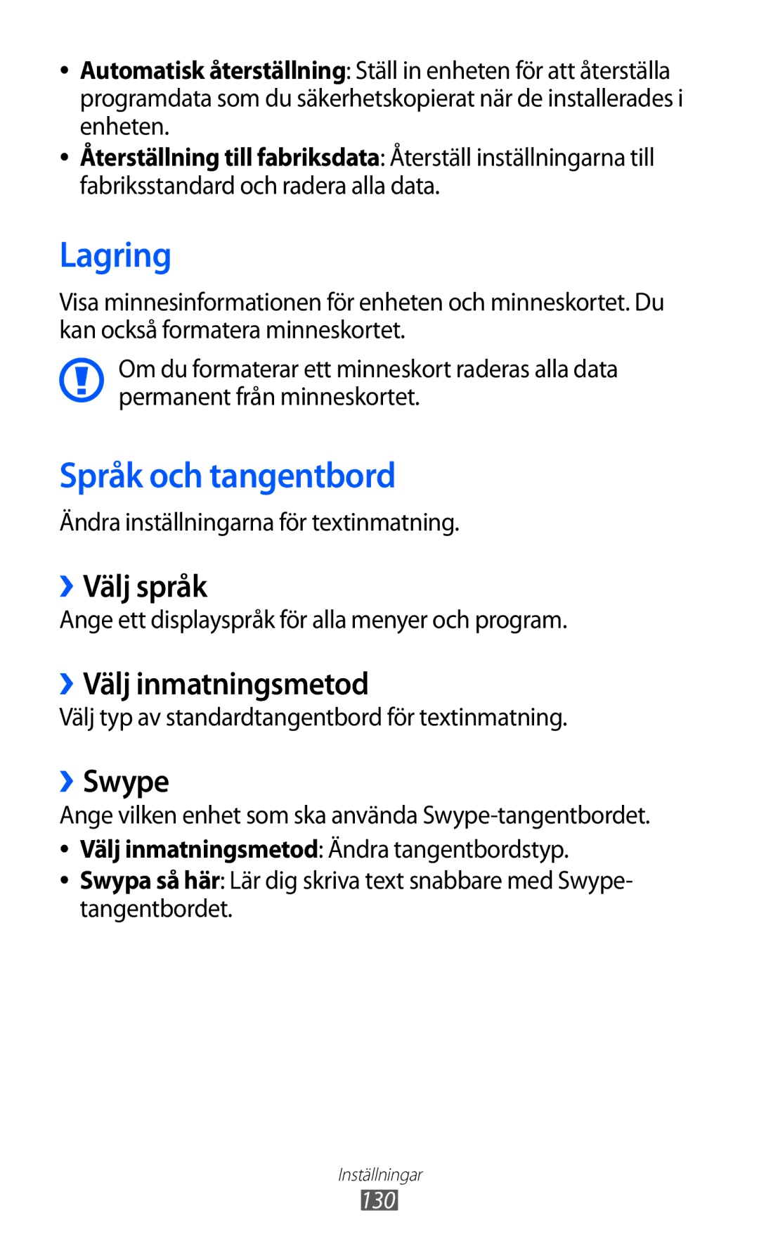 Samsung GT-S6500XKANEE, GT-S6500ZYANEE manual Lagring, Språk och tangentbord, ››Välj språk, ››Välj inmatningsmetod, ››Swype 