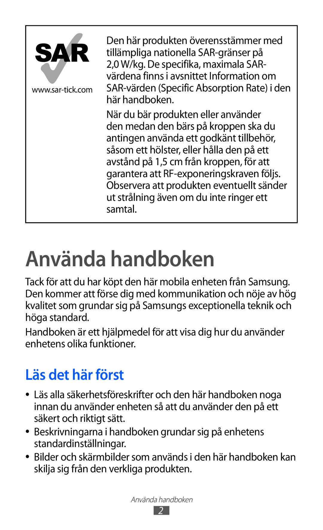 Samsung GT-S6500XKANEE, GT-S6500ZYANEE manual Använda handboken, Läs det här först 