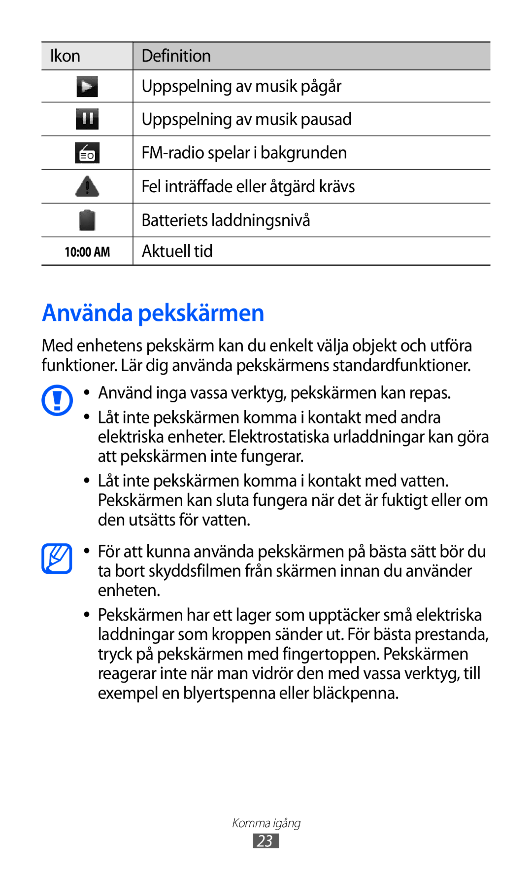 Samsung GT-S6500ZYANEE, GT-S6500XKANEE manual Använda pekskärmen, Aktuell tid 