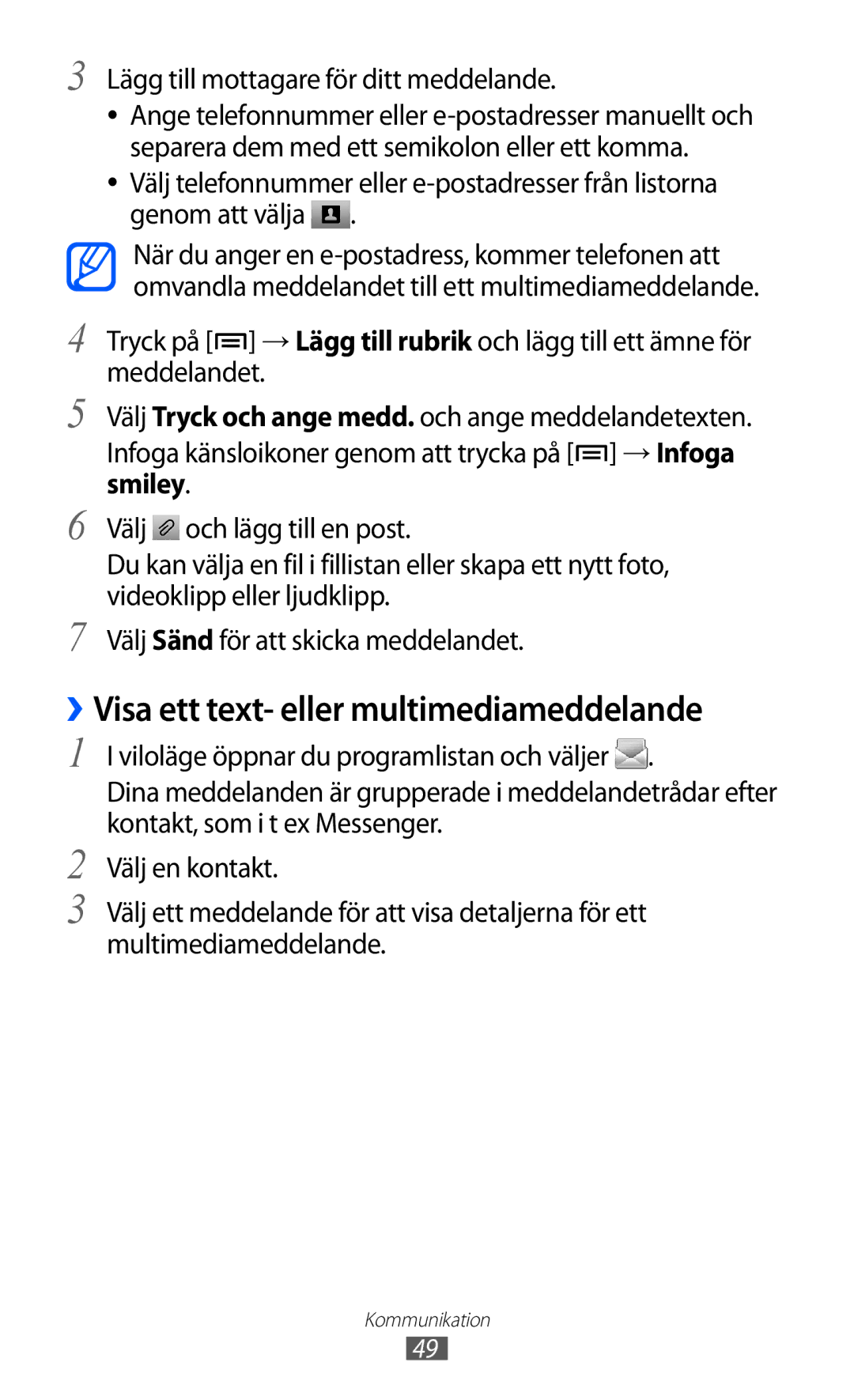 Samsung GT-S6500ZYANEE manual ››Visa ett text- eller multimediameddelande, Lägg till mottagare för ditt meddelande 