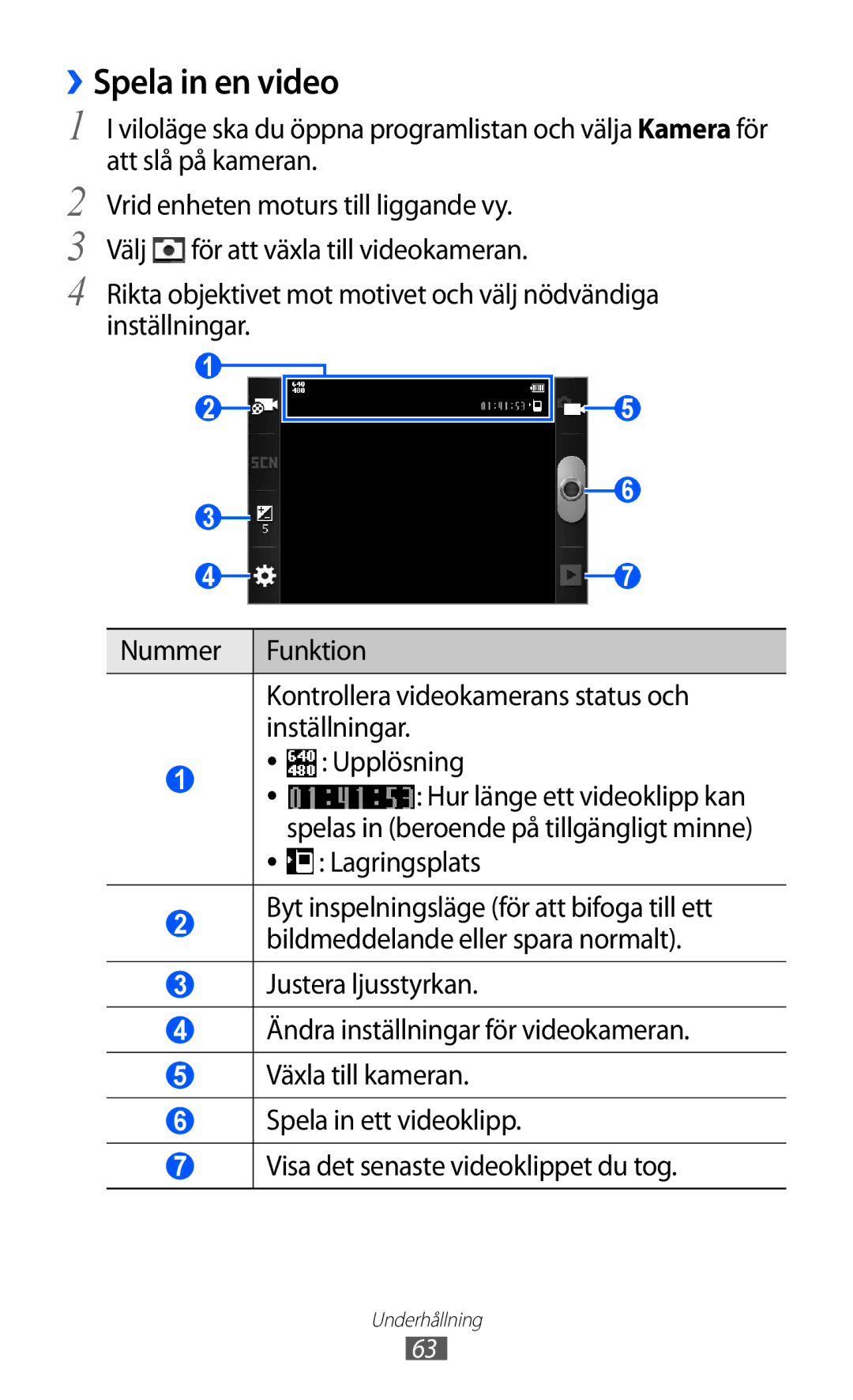 Samsung GT-S6500ZYANEE, GT-S6500XKANEE manual ››Spela in en video, Lagringsplats 