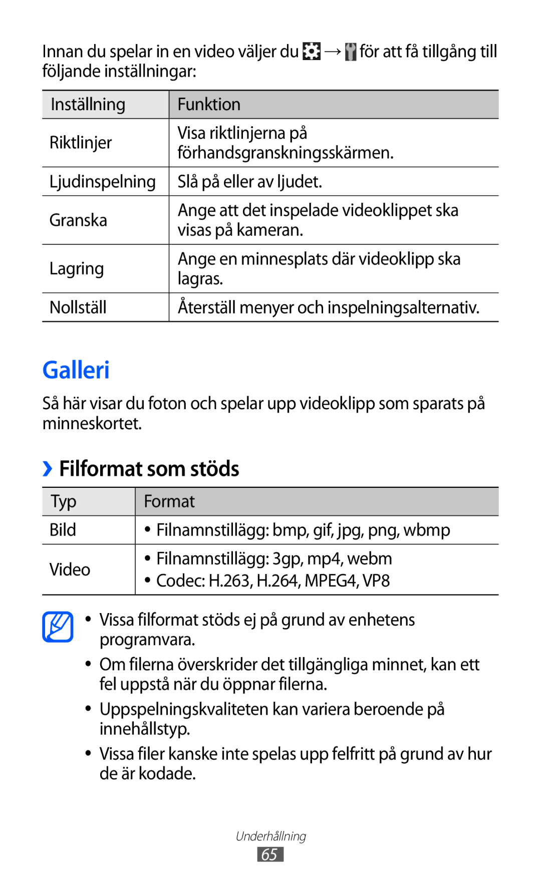 Samsung GT-S6500ZYANEE, GT-S6500XKANEE manual Galleri, Filformat som stöds 