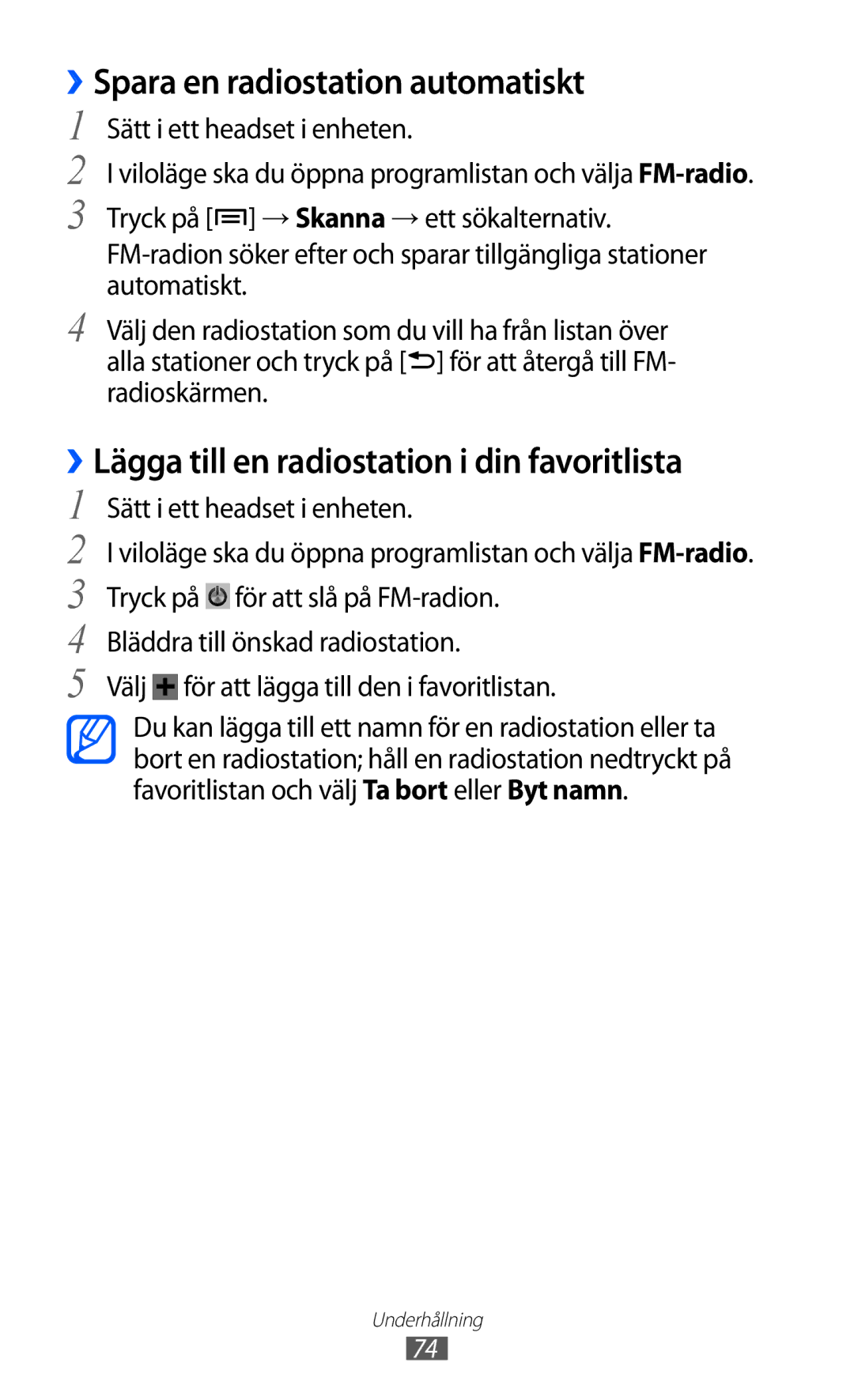 Samsung GT-S6500XKANEE manual ››Spara en radiostation automatiskt, ››Lägga till en radiostation i din favoritlista 