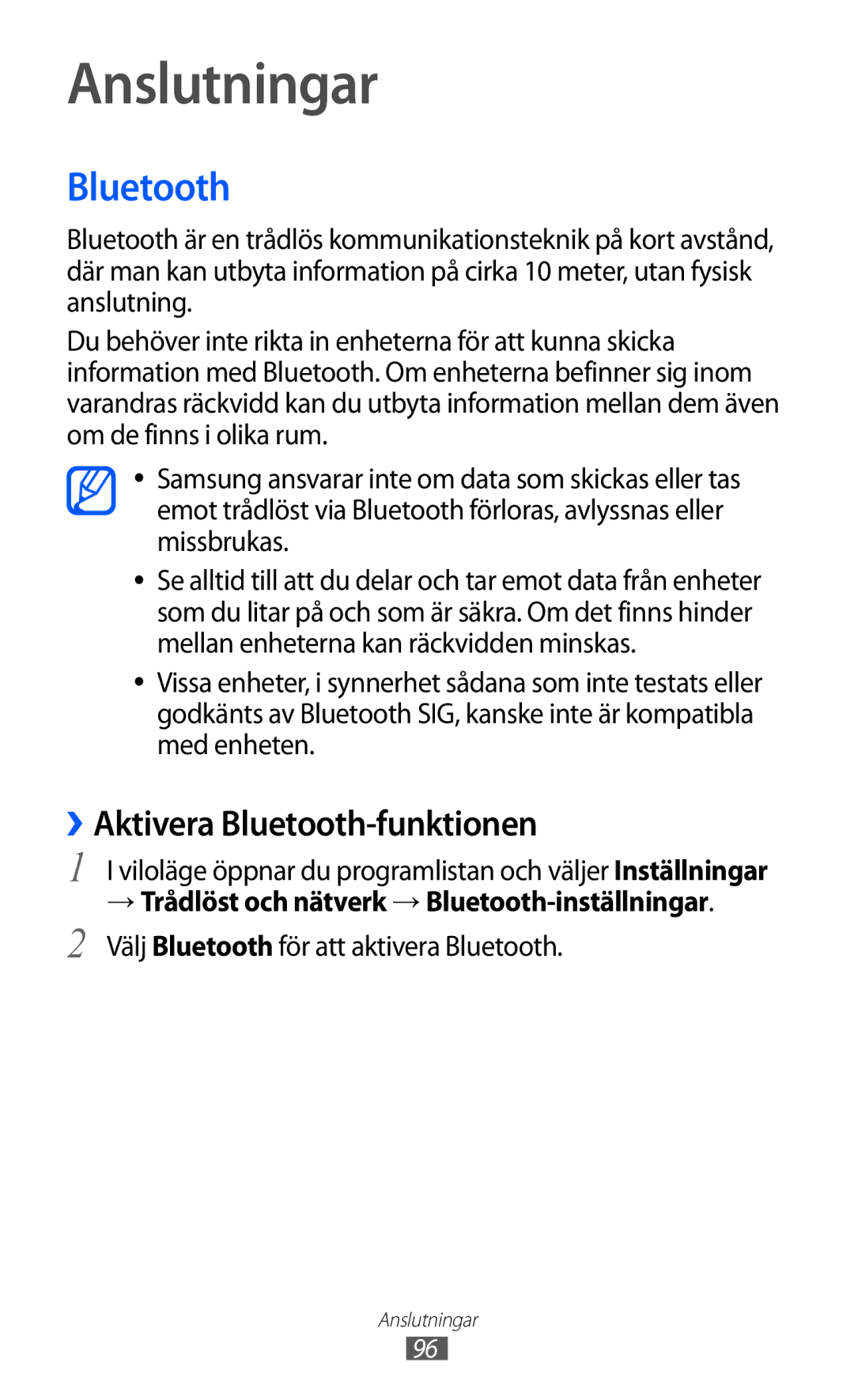 Samsung GT-S6500XKANEE, GT-S6500ZYANEE manual Anslutningar, ››Aktivera Bluetooth-funktionen 