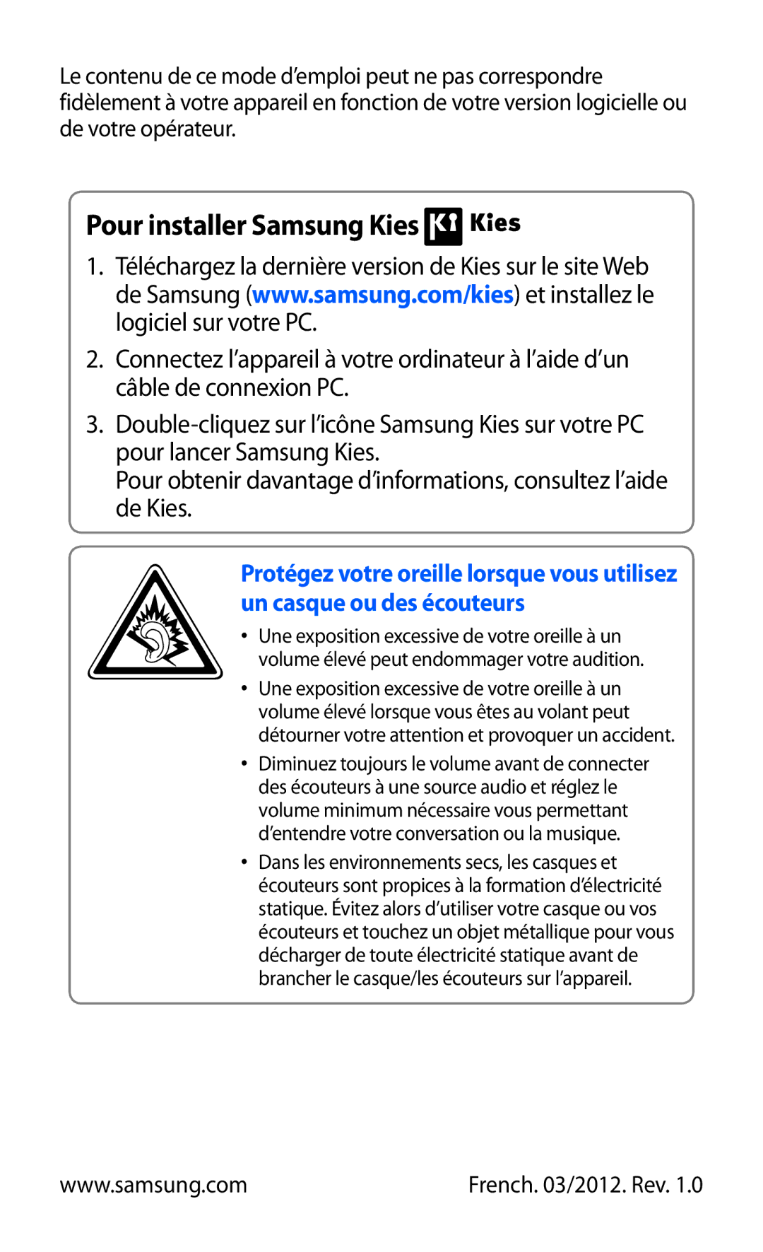 Samsung GT-S6500HADBGL, GT-S6500ZYDBGL, GT-S6500ZYDMTL, GT2S6500ZYDMTL, GT2S6500ZYDBGL manual Pour installer Samsung Kies 