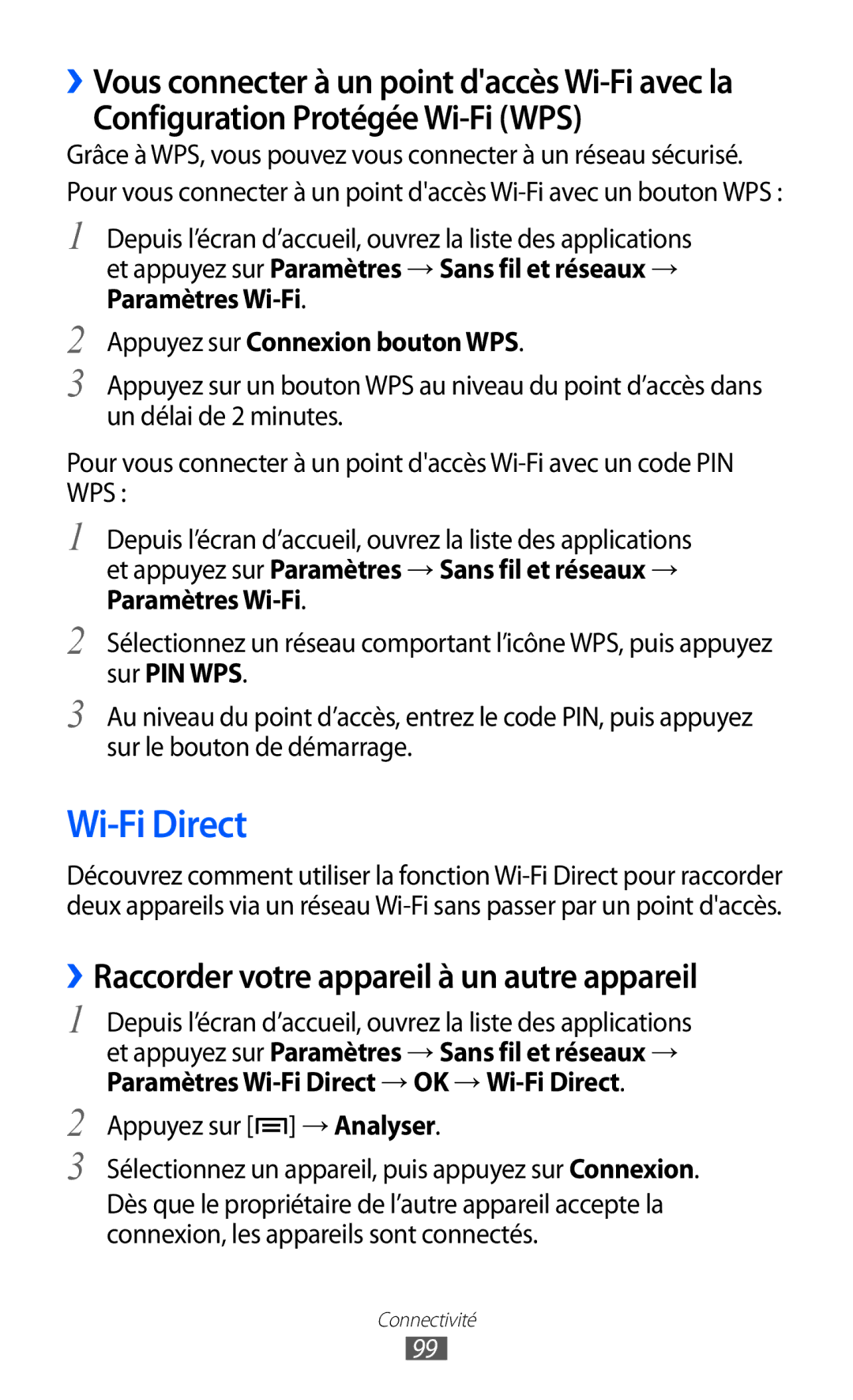 Samsung GT-S6500ZYDBGL Wi-Fi Direct, Configuration Protégée Wi-Fi WPS, ››Raccorder votre appareil à un autre appareil 