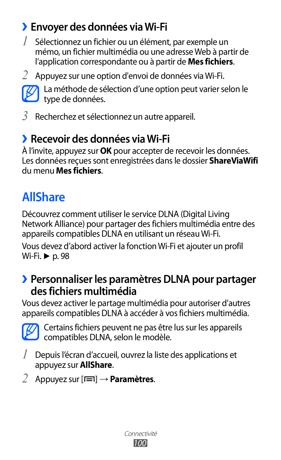 Samsung GT-S6500HADBGL, GT-S6500ZYDBGL AllShare, ››Envoyer des données via Wi-Fi, ››Recevoir des données via Wi-Fi, 100 