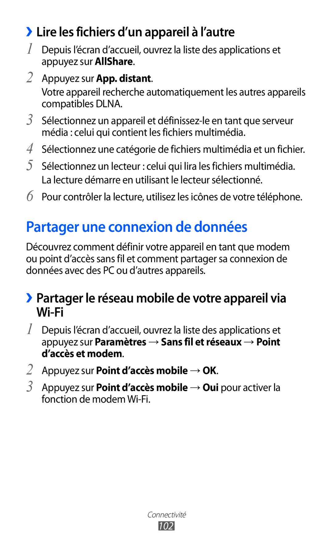 Samsung GT2S6500ZYDMTL manual Partager une connexion de données, ››Lire les fichiers d’un appareil à l’autre, Wi-Fi, 102 