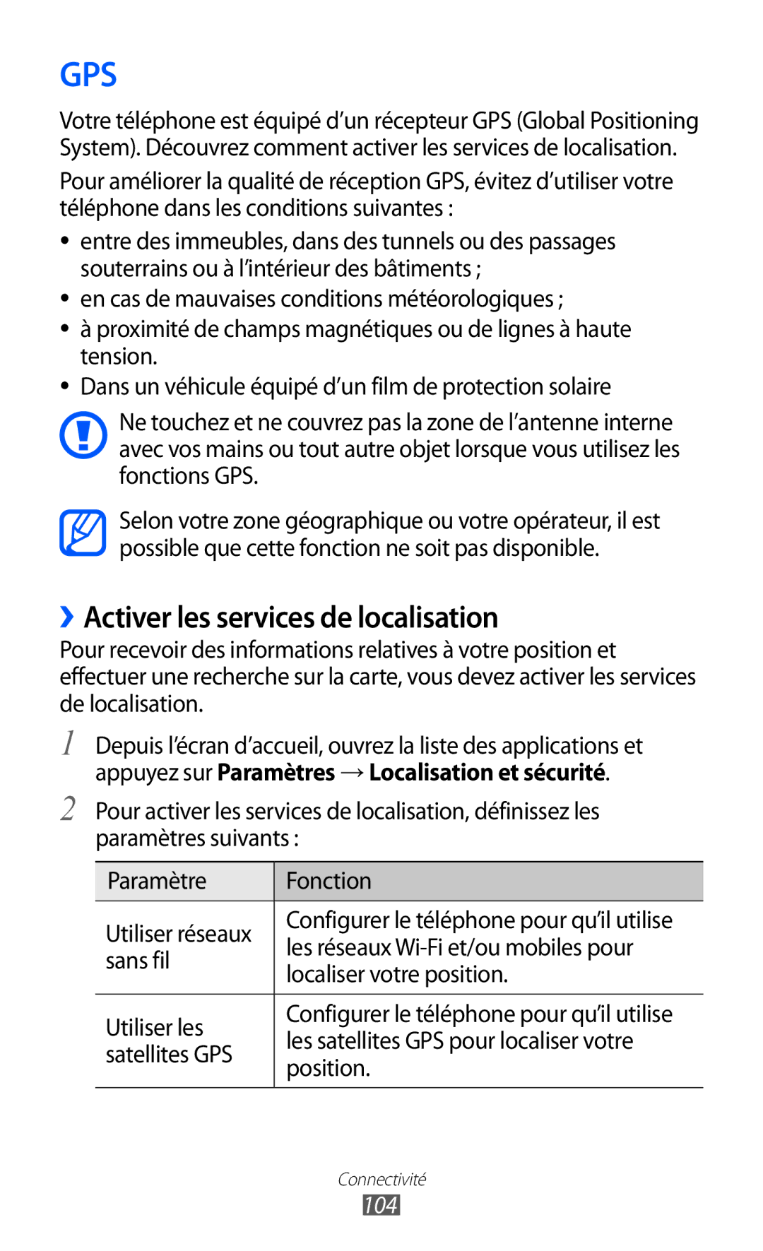 Samsung GT-S6500ZYDBGL, GT-S6500HADBGL, GT-S6500ZYDMTL, GT2S6500ZYDMTL manual ››Activer les services de localisation, 104 