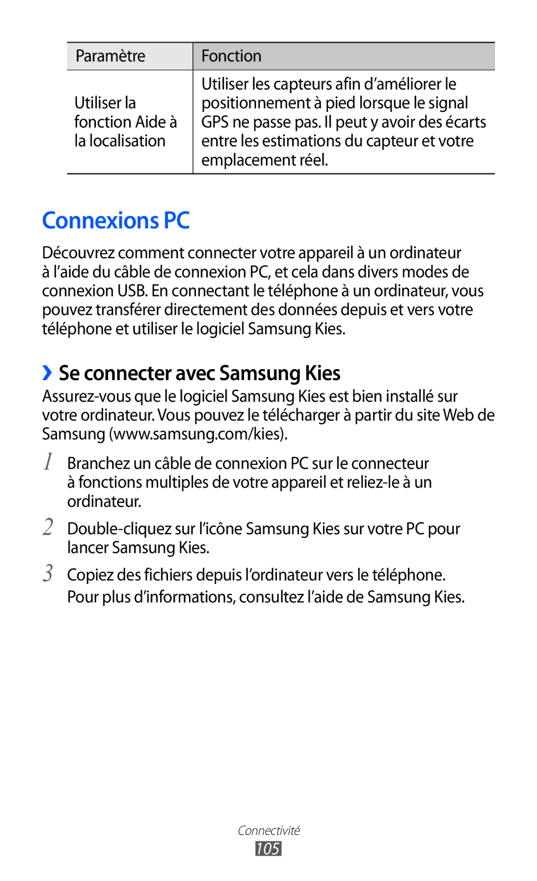 Samsung GT-S6500HADBGL, GT-S6500ZYDBGL, GT-S6500ZYDMTL, GT2S6500ZYDMTL Connexions PC, ››Se connecter avec Samsung Kies, 105 