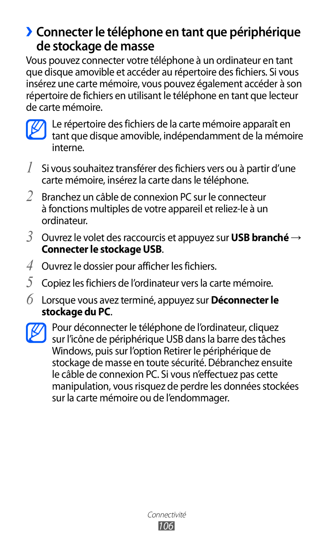 Samsung GT-S6500ZYDMTL manual Connecter le stockage USB, Ouvrez le dossier pour afficher les fichiers, Stockage du PC, 106 