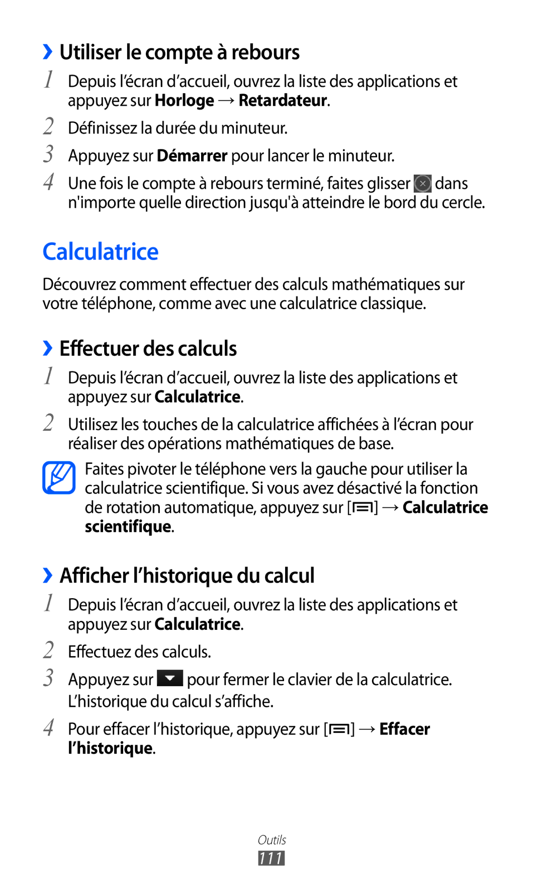 Samsung GT-S6500ZYDMTL, GT-S6500ZYDBGL Calculatrice, ››Utiliser le compte à rebours, ››Effectuer des calculs, ’historique 