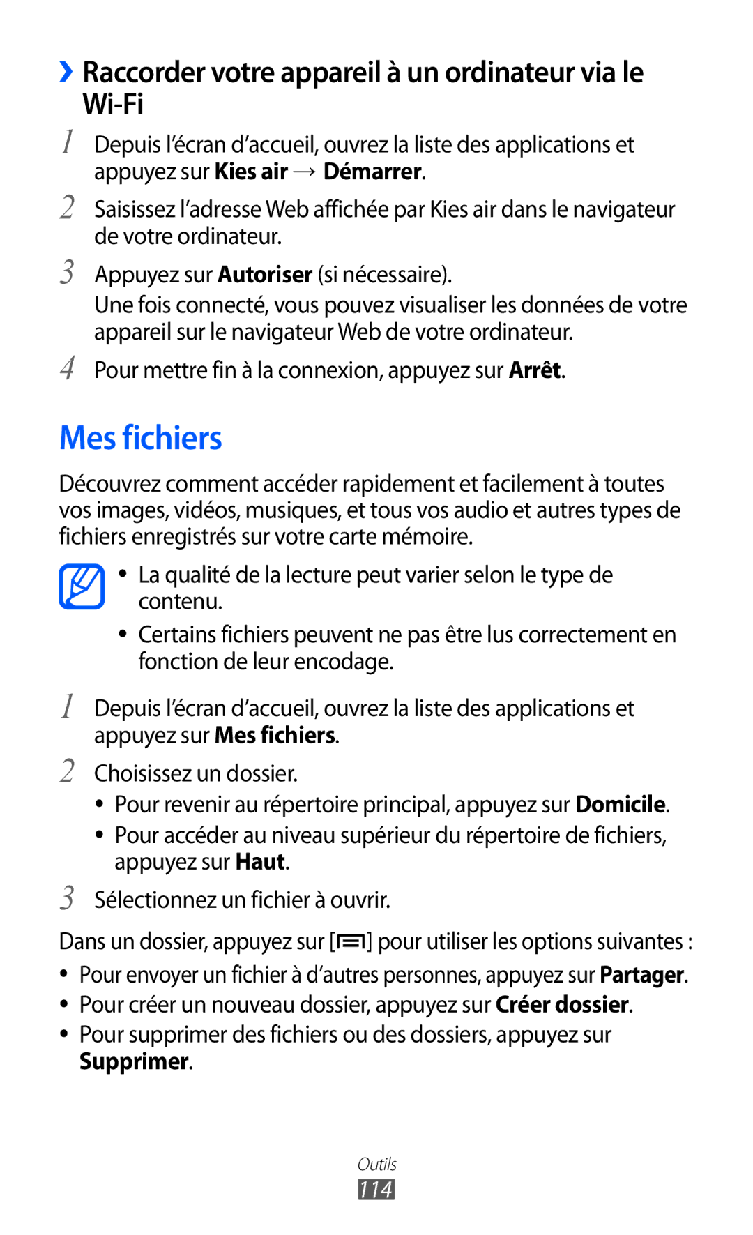 Samsung GT-S6500ZYDBGL, GT-S6500HADBGL, GT-S6500ZYDMTL Mes fichiers, Pour mettre fin à la connexion, appuyez sur Arrêt, 114 