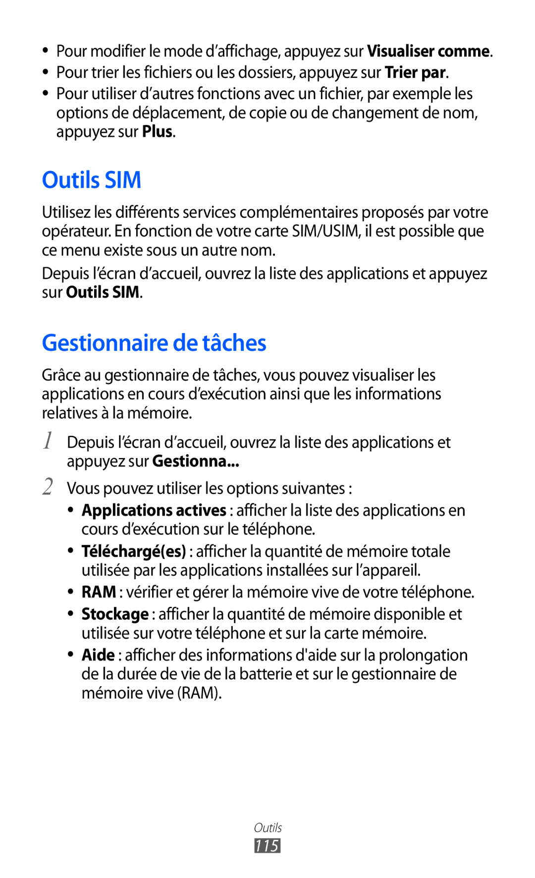 Samsung GT-S6500HADBGL Outils SIM, Gestionnaire de tâches, RAM vérifier et gérer la mémoire vive de votre téléphone, 115 