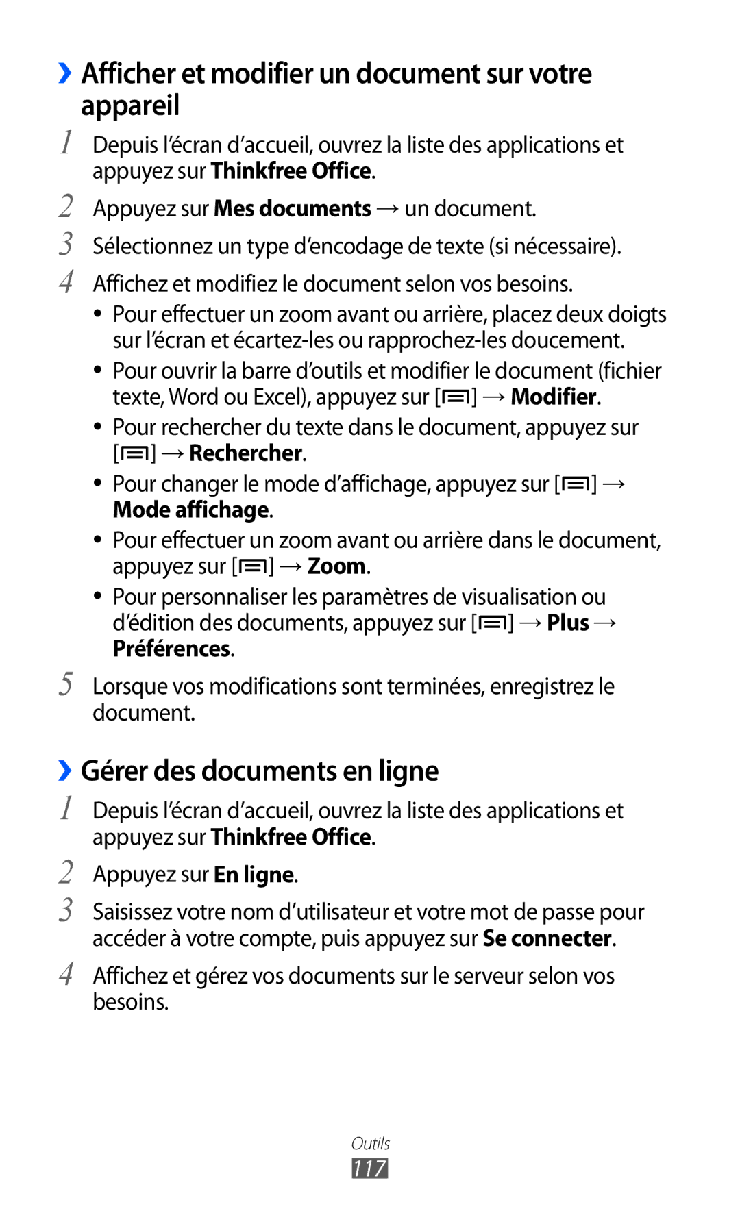 Samsung GT2S6500ZYDMTL manual ››Afficher et modifier un document sur votre appareil, ››Gérer des documents en ligne, 117 