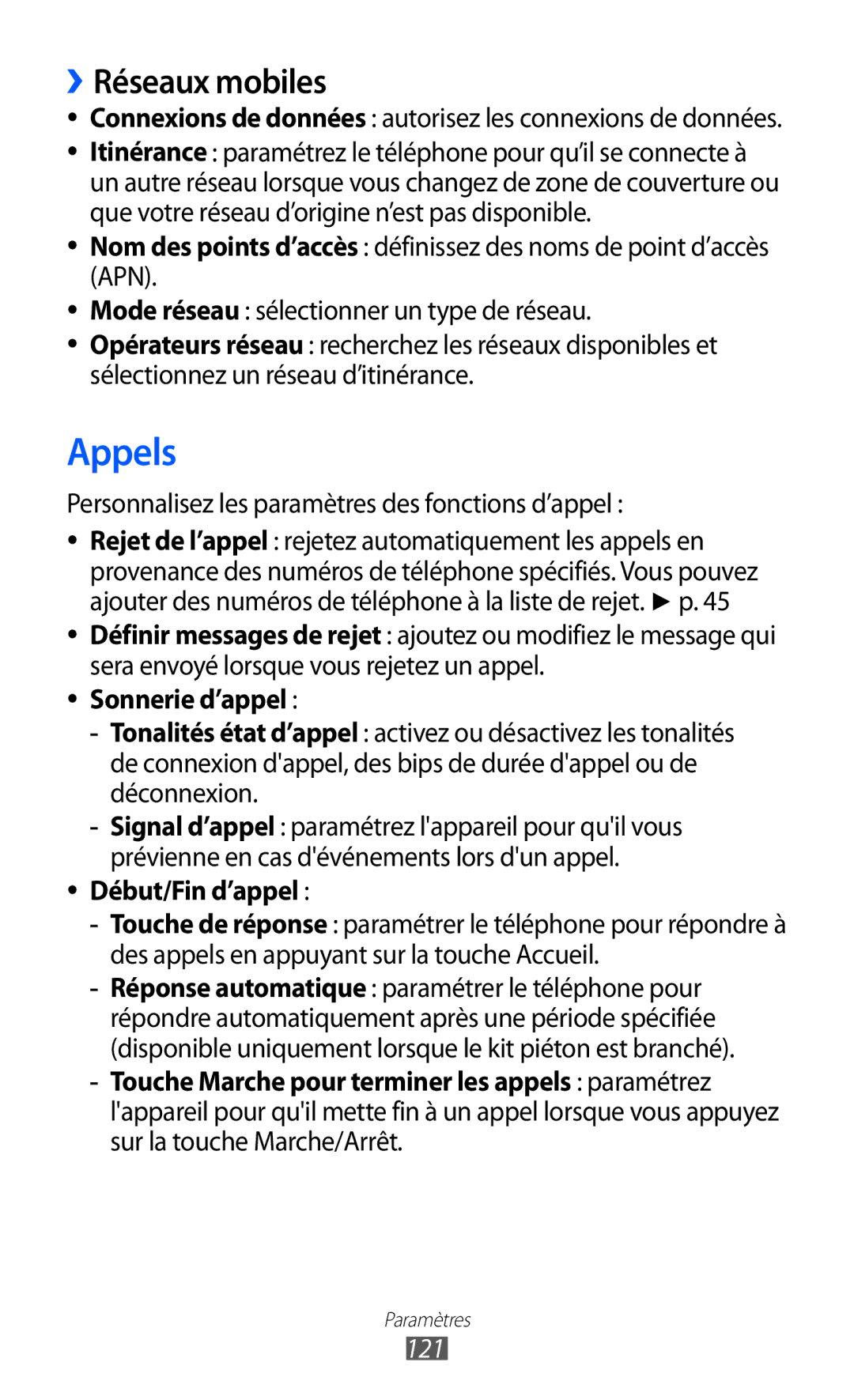 Samsung GT-S6500ZYDMTL manual ››Réseaux mobiles, Personnalisez les paramètres des fonctions d’appel, Sonnerie d’appel, 121 