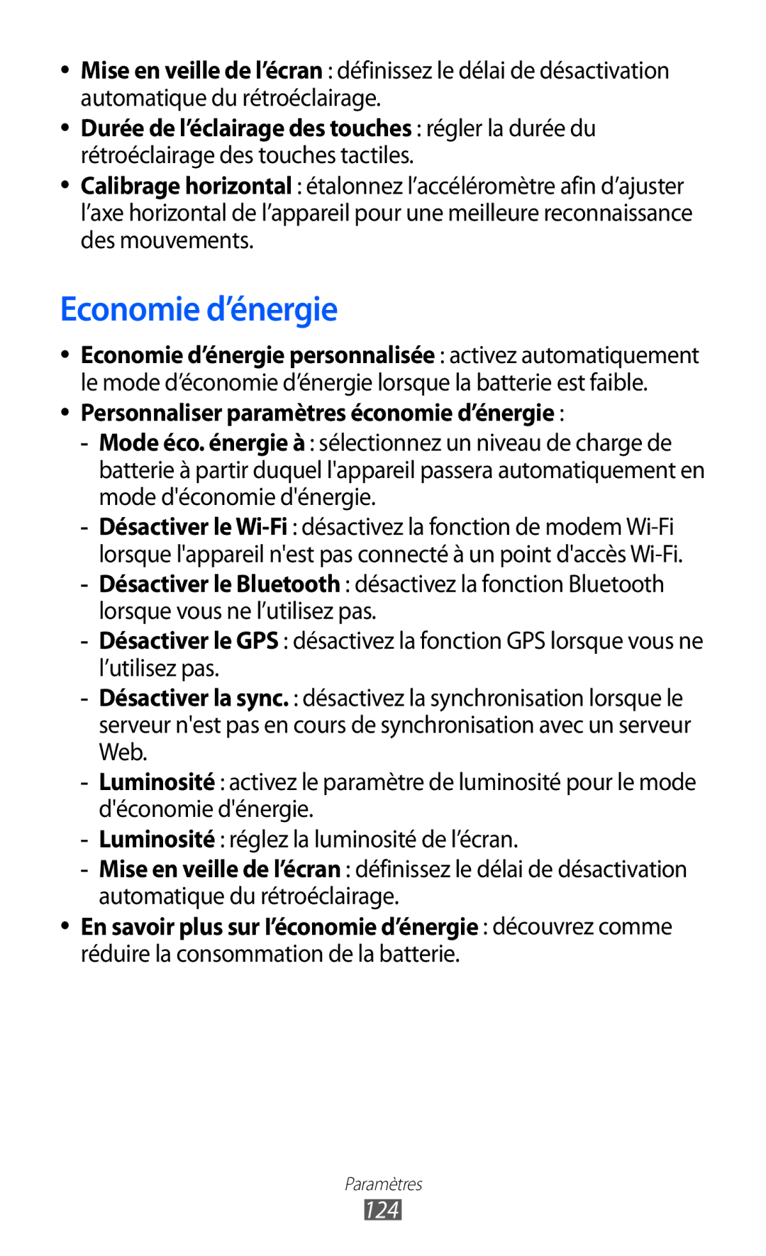 Samsung GT-S6500ZYDBGL, GT-S6500HADBGL, GT-S6500ZYDMTL Economie d’énergie, Personnaliser paramètres économie d’énergie, 124 